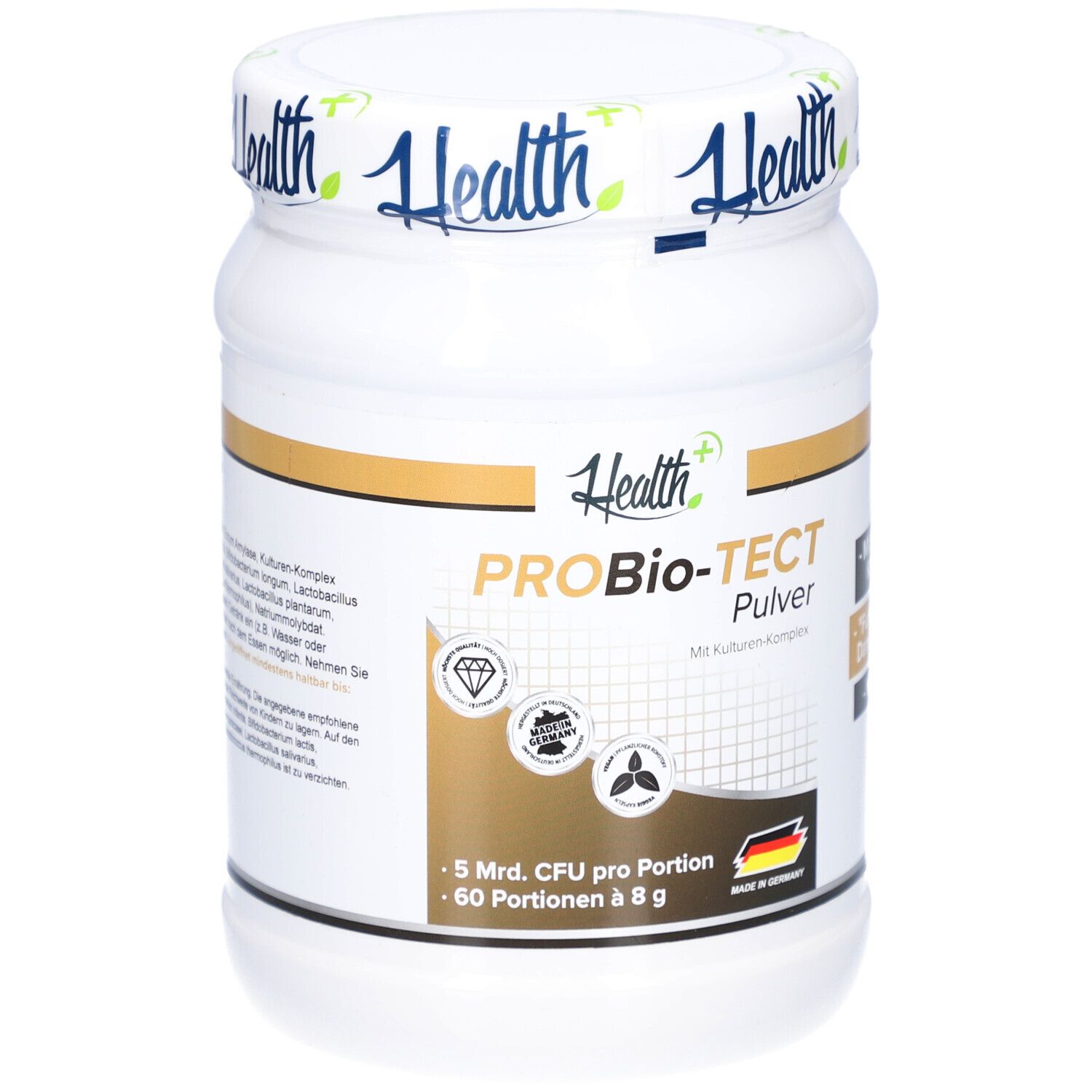 Weißes Pulver in Dose. Aufschrift: Health, PROBio-TECT Pulver. Mit Kulturen-Komplex. 5 Mrd. CFU pro Portion. 60 Portionen à 8 g.