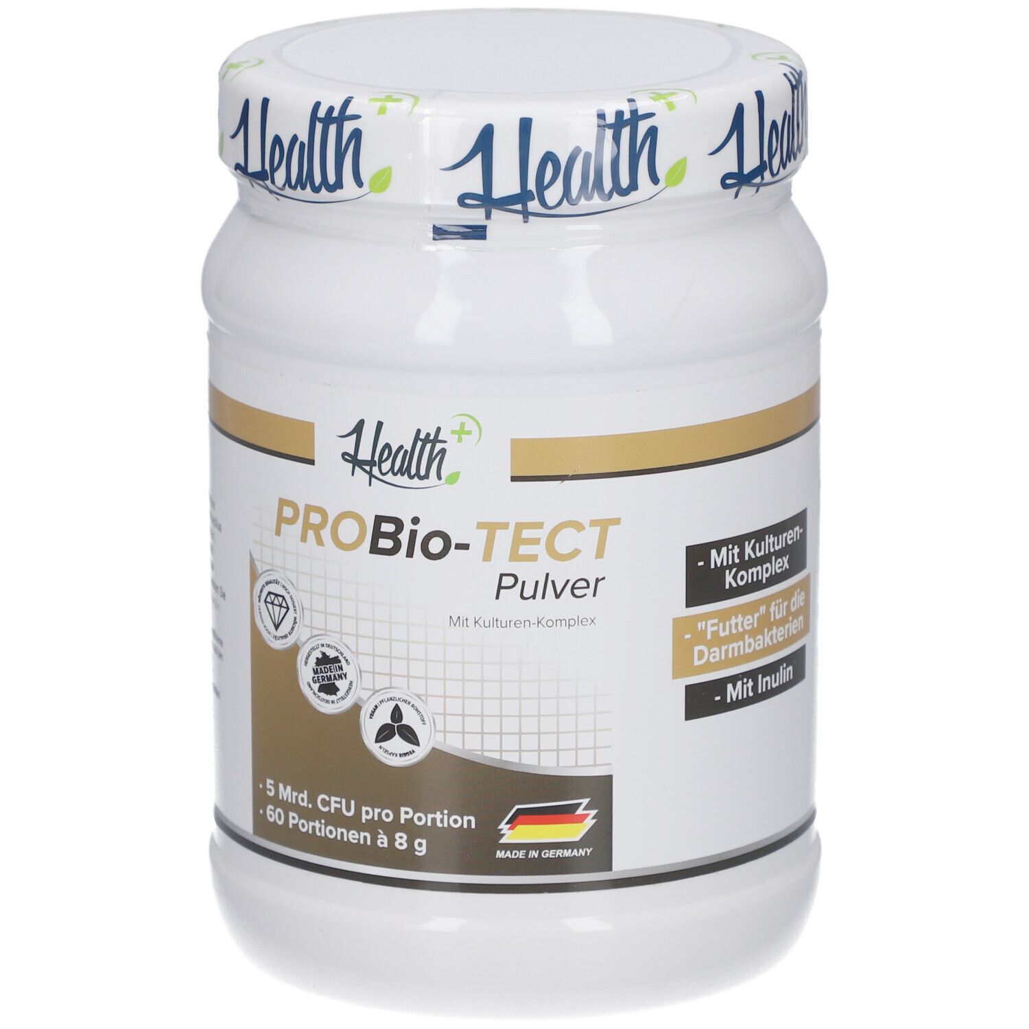 Weißes Pulver in Dose. Aufschrift: Health, PROBio-TECT Pulver. Mit Kulturen-Komplex. 5 Mrd. CFU pro Portion. 60 Portionen à 8 g.