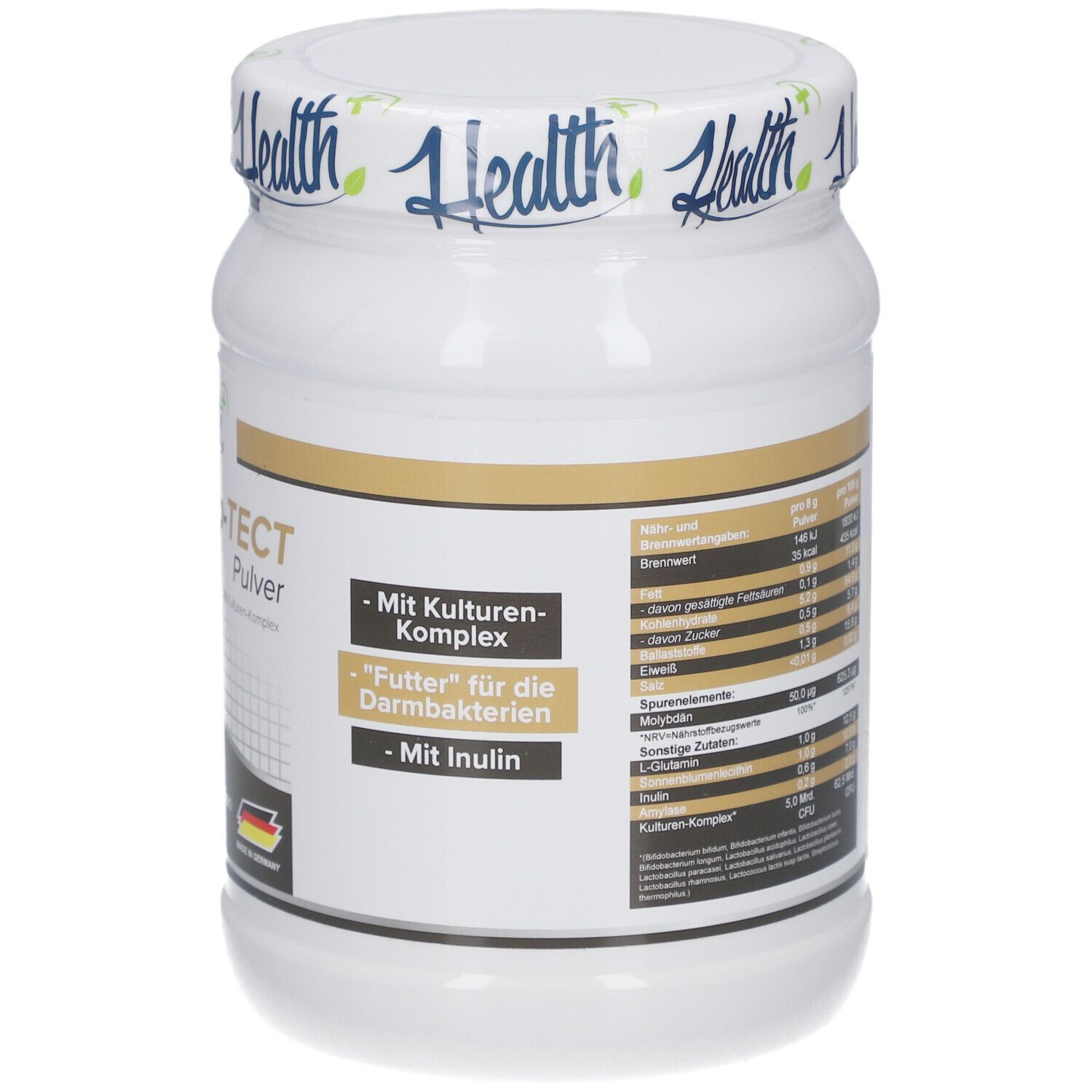 Rückseite der Dose mit Nährwertangaben. Text in deutscher Sprache. 480 g Pulver.