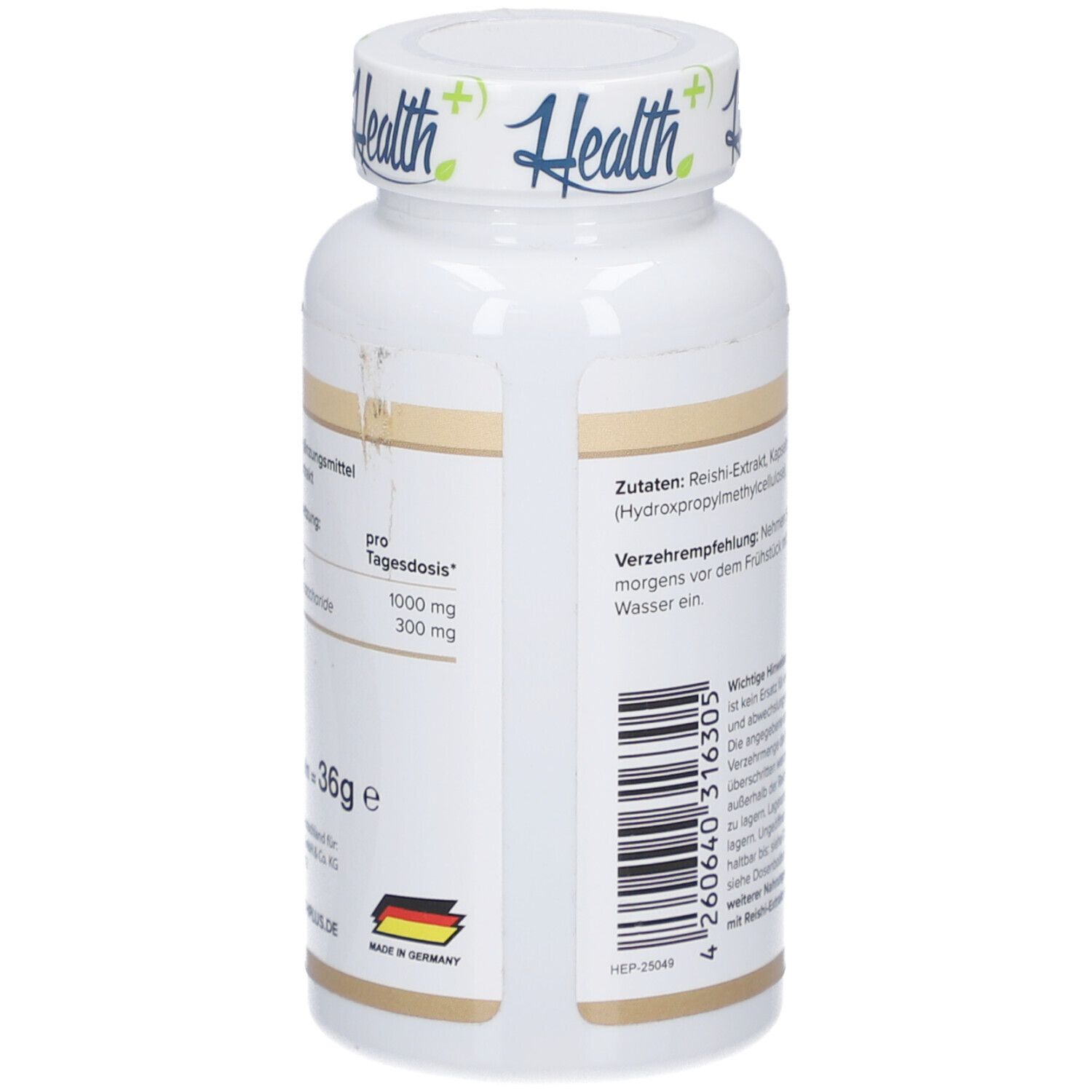 Rückseite der weißen Flasche HEALTH+ REISHI-Extrakt. Text mit Zutaten und Verzehrempfehlung. Gewicht: 36g. Hergestellt in Deutschland.