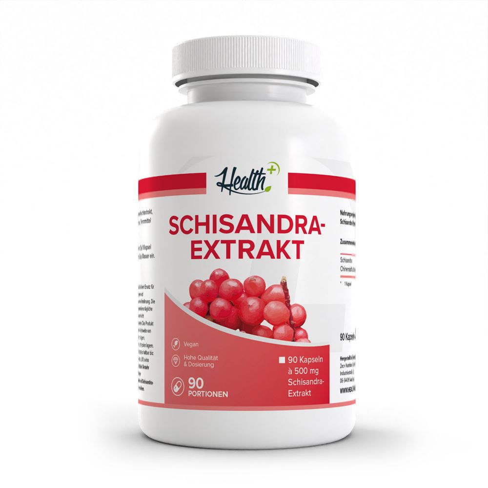 HEALTH+ Schisandra Extrakt: 90 Kapseln, 500 mg. Vegan, hohe Qualität, Dosierung. Rote Beeren.