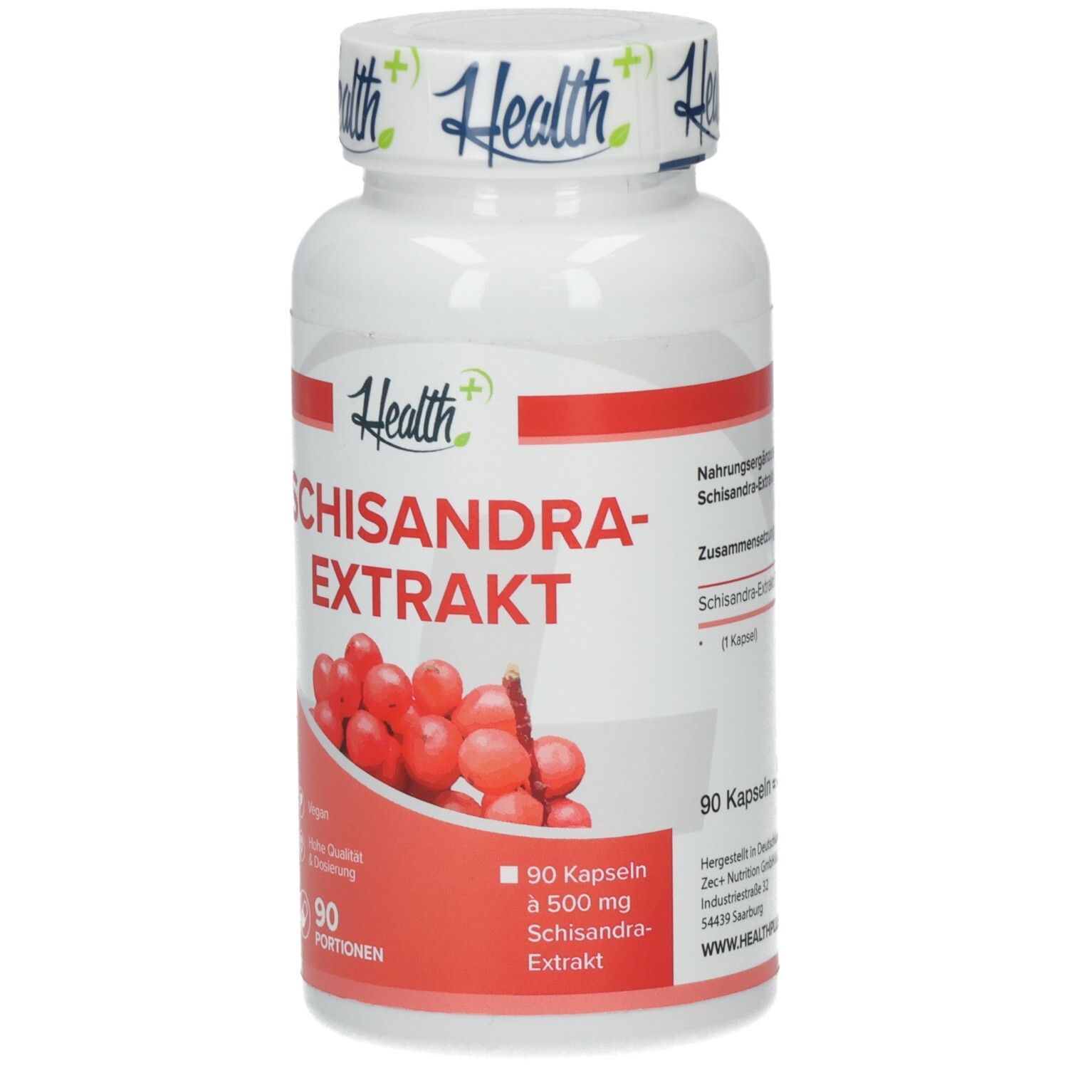 Weiße Flasche mit rotem Etikett. Aufschrift: SCHISANDRA-EXTRAKT. Abbildung von roten Beeren. 90 Kapseln.