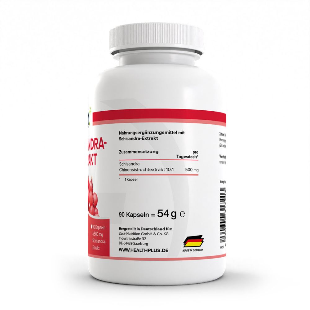 Rückseite HEALTH+ Schisandra Extrakt: Zutaten, Verzehrempfehlung, Hinweise. 90 Kapseln.