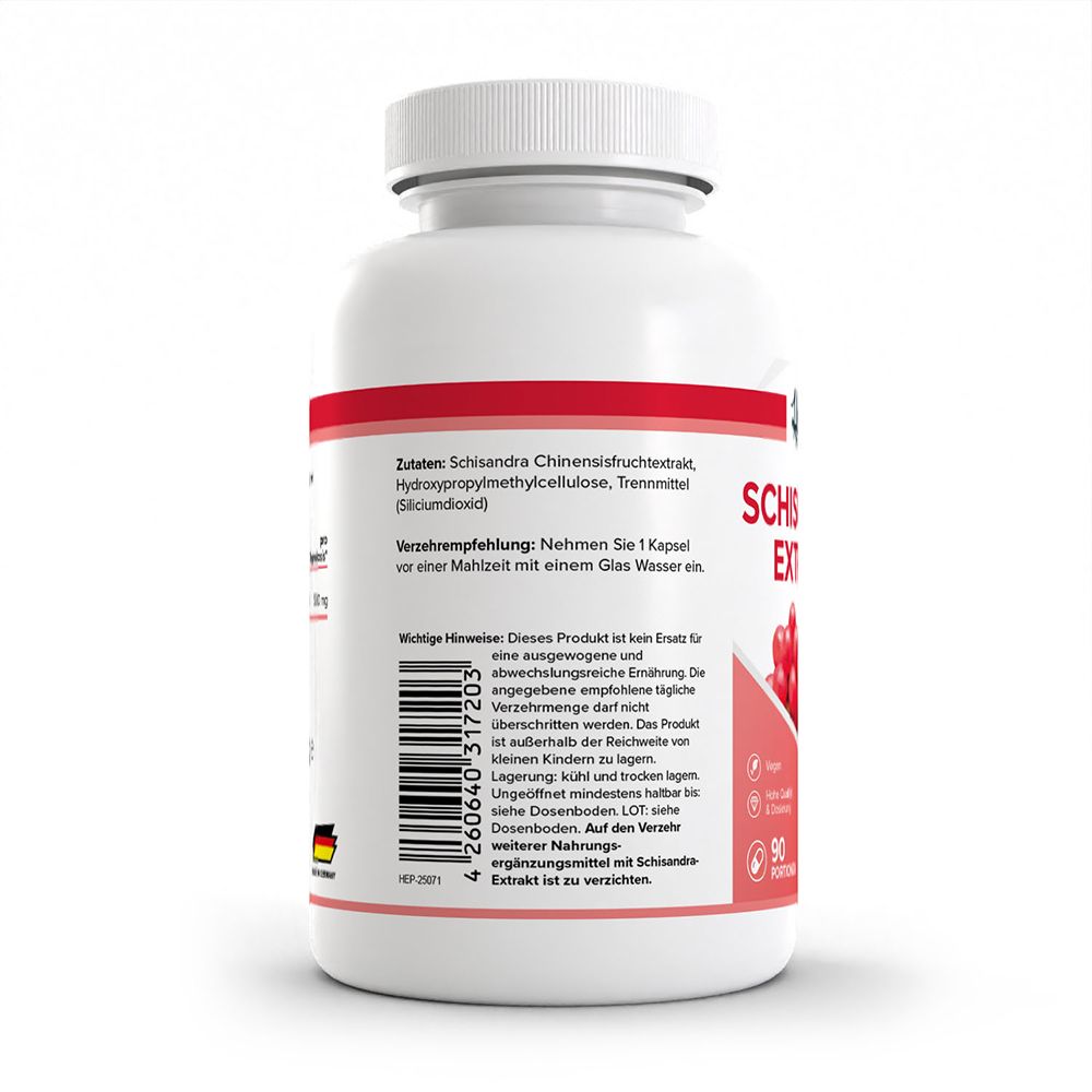 Rückseite der HEALTH+ Schisandra Extrakt Flasche mit detaillierten Inhaltsstoffen und Anwendungshinweisen.