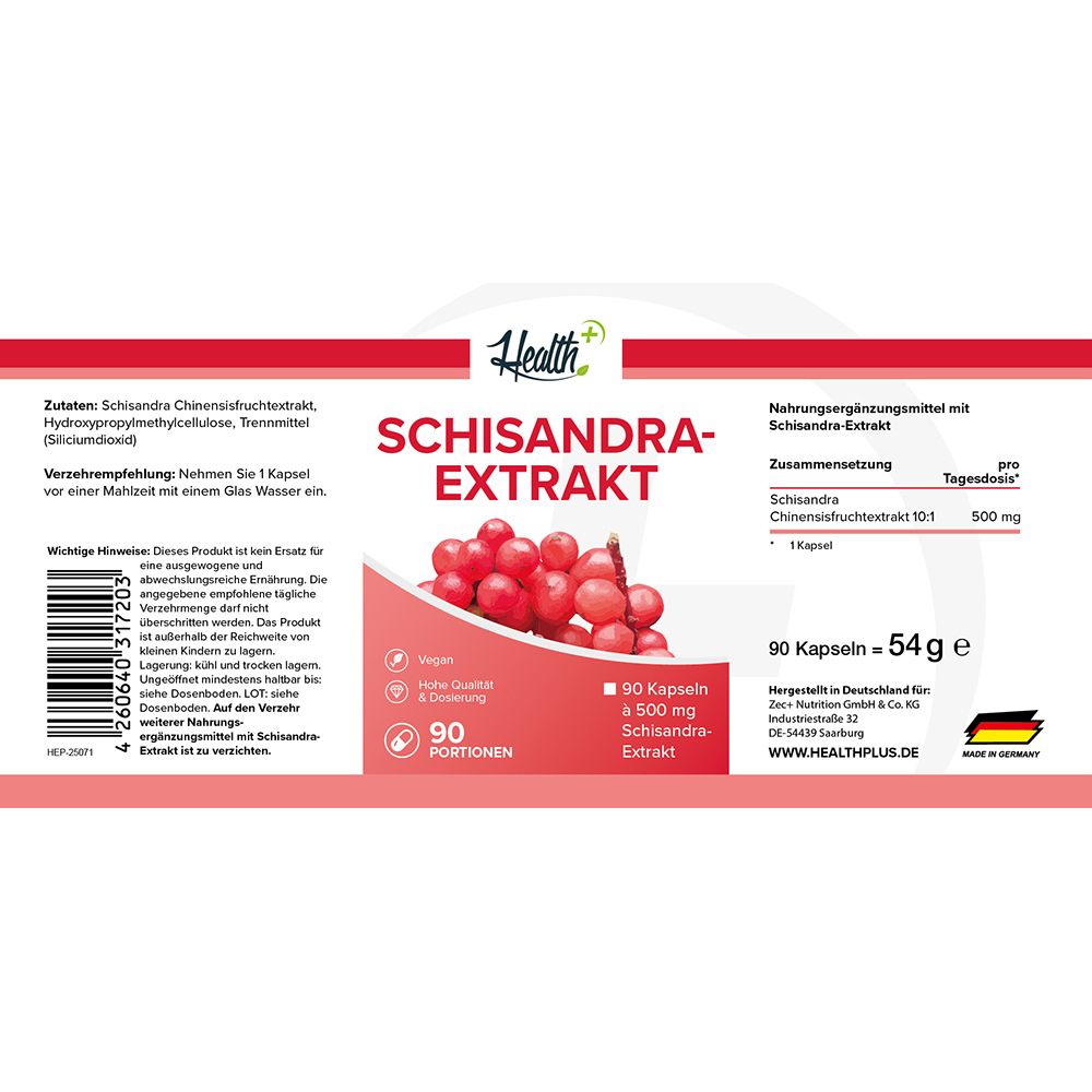 Etikett der HEALTH+ Schisandra Extrakt Flasche mit Informationen zu Inhaltsstoffen, veganem Siegel und Portionsgröße.