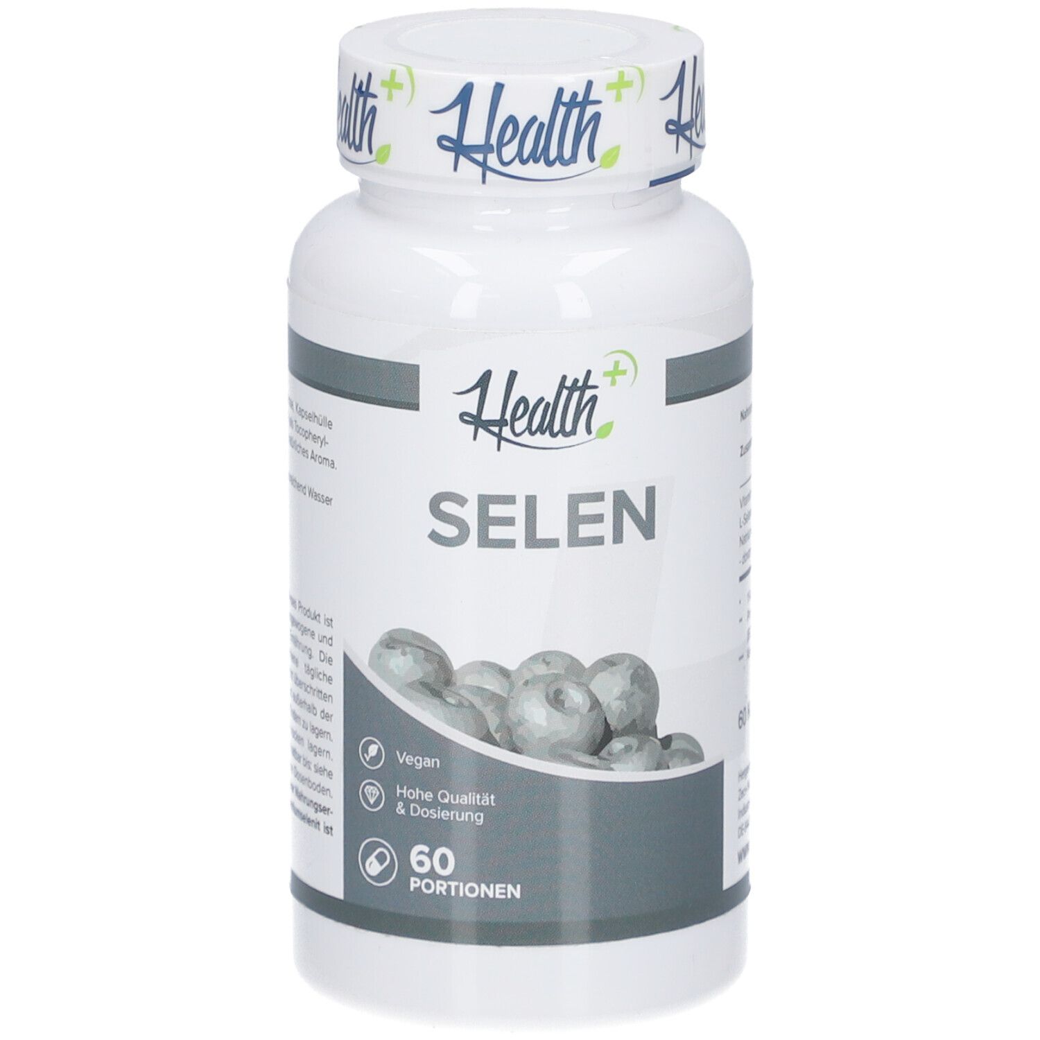 Weiße Flasche mit HEALTH+ SELEN. 60 Portionen. Vegan. Hohe Qualität & Dosierung.