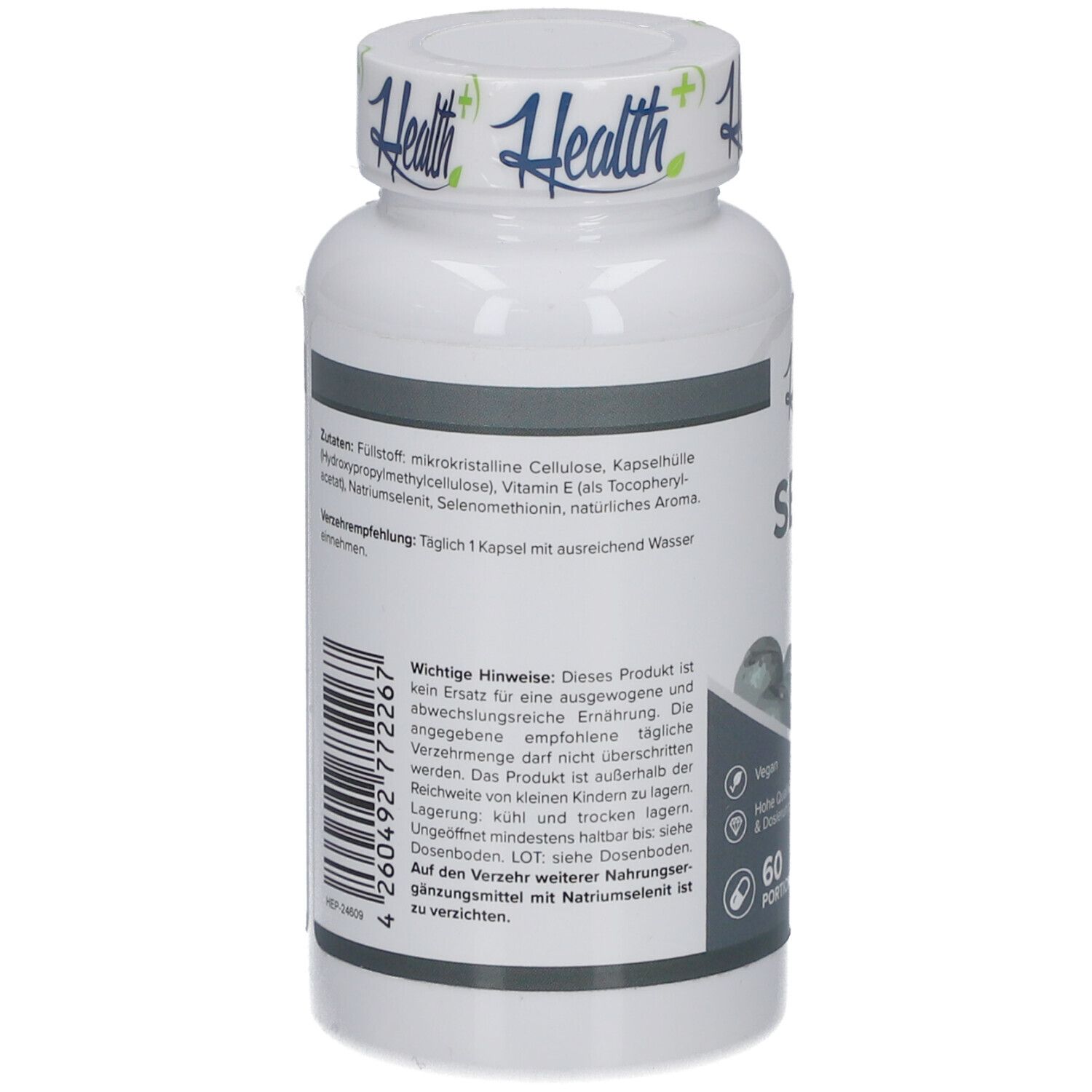 Rückseite der weißen Flasche HEALTH+ SELEN. Zutaten, Anwendungshinweise und Warnhinweise.