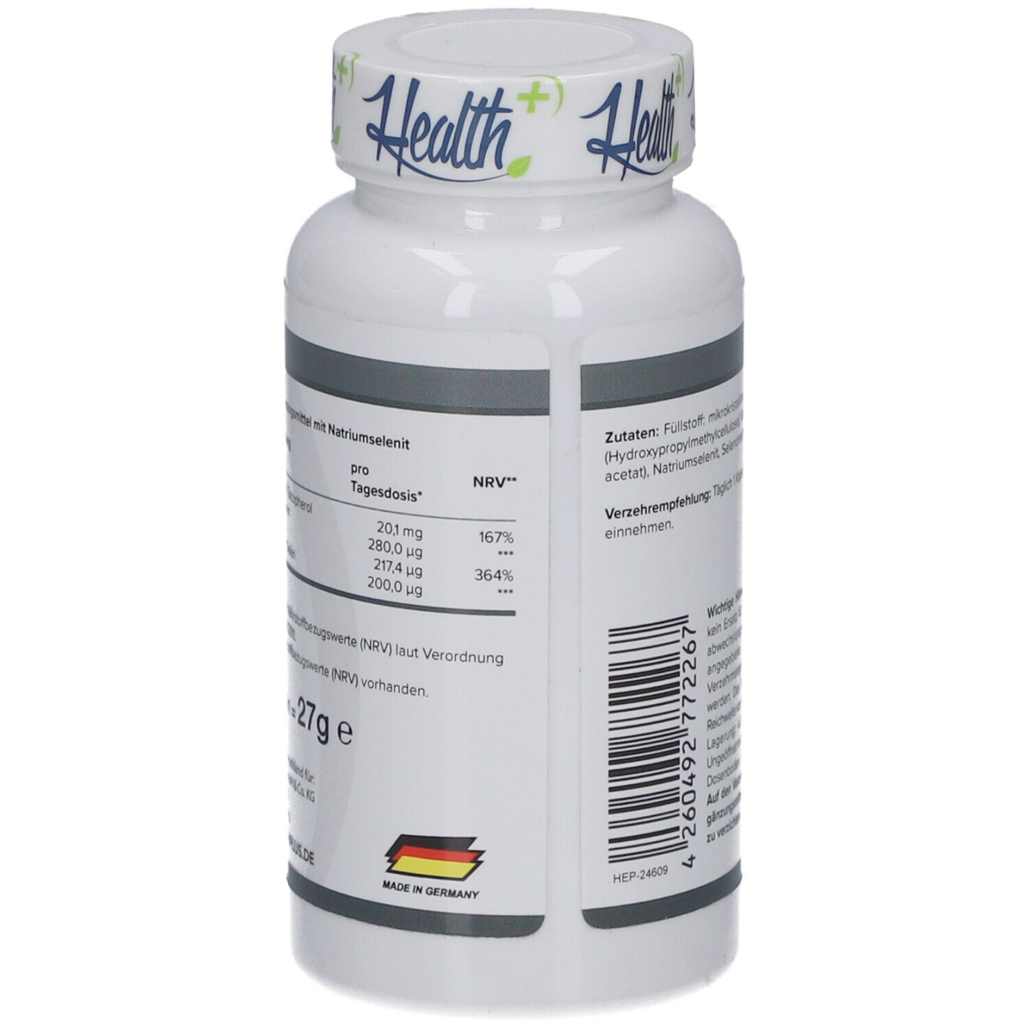 Rückseite der Flasche HEALTH+ SELEN. Nährwertangaben, Inhaltsstoffe, Hergestellt in Deutschland.