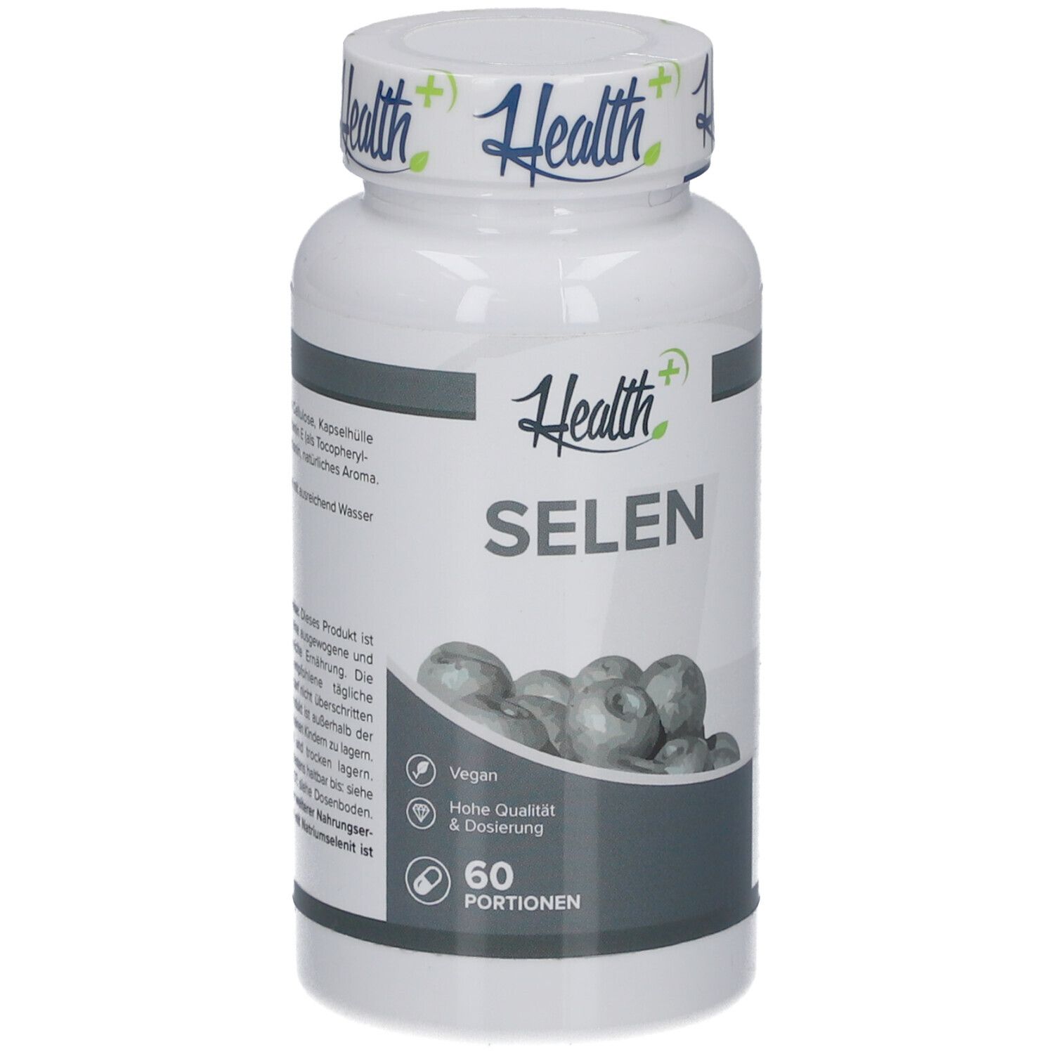 Weiße Flasche HEALTH+ SELEN. 60 Portionen. Vegan. Hohe Qualität & Dosierung. Kapseln.