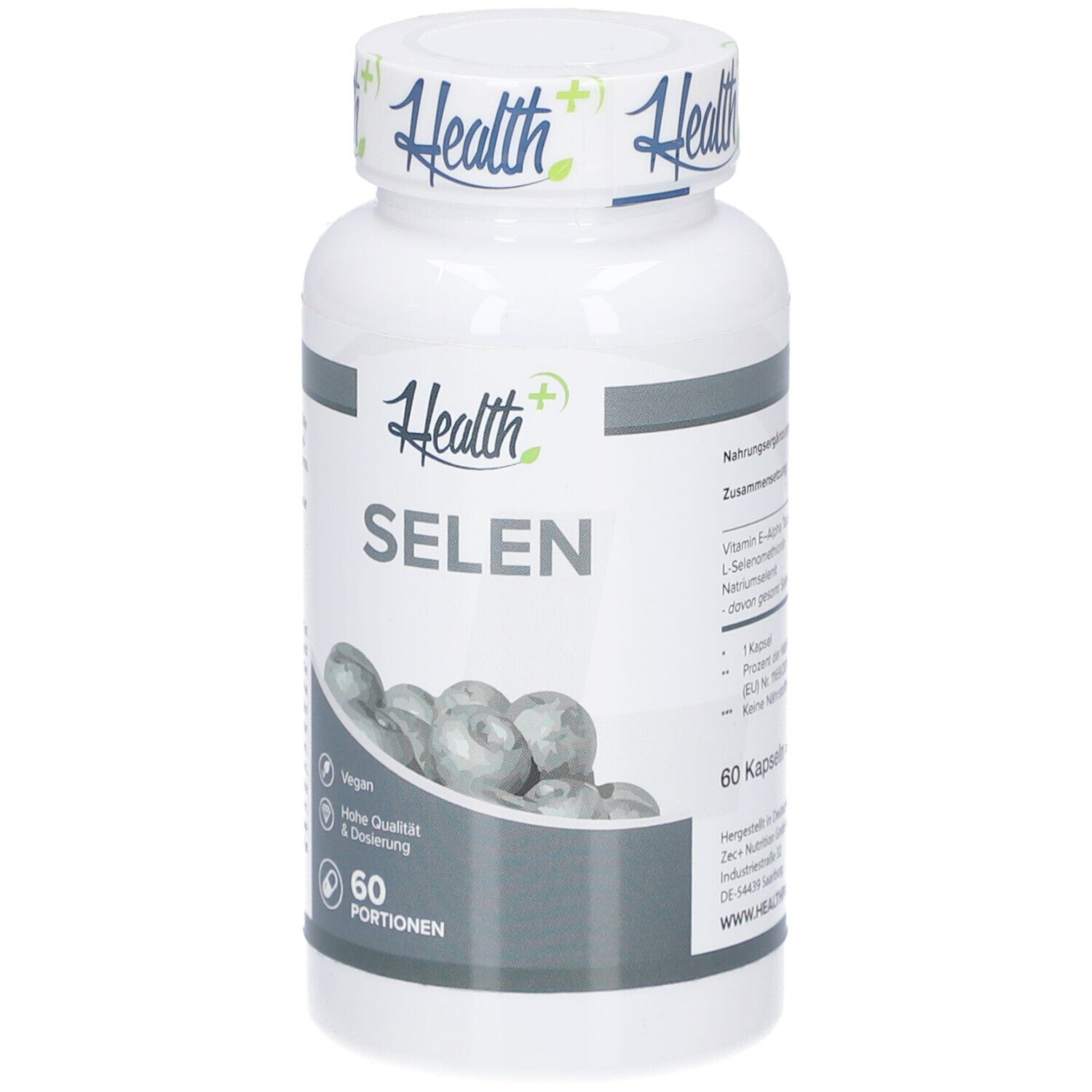 Weiße Flasche HEALTH+ SELEN. 60 Portionen. Vegan. Hohe Qualität & Dosierung. Kapseln.