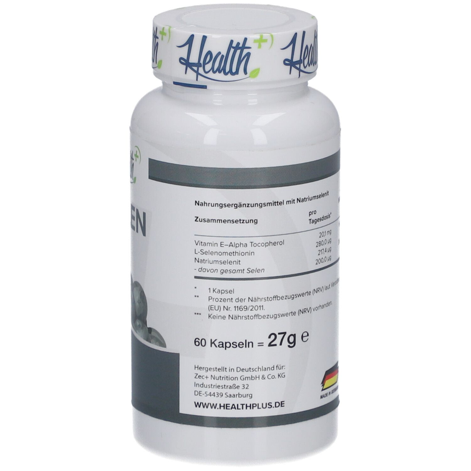 Rückseite der Flasche HEALTH+ SELEN. Nährwertangaben, Inhaltsstoffe, 60 Kapseln, Made in Germany.