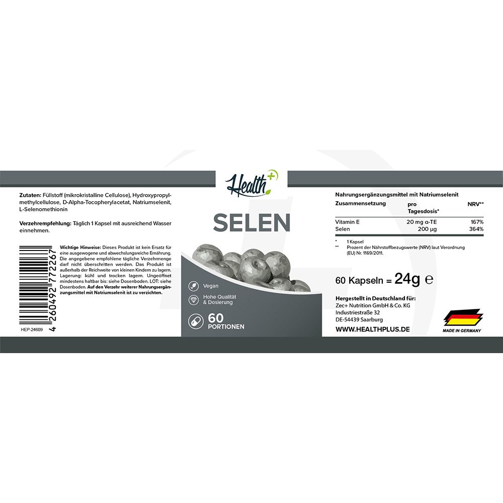 HEALTH+ Selen 200 µg Dose: Vorder- und Seitenansicht mit Etikettendetails, 60 Kapseln.