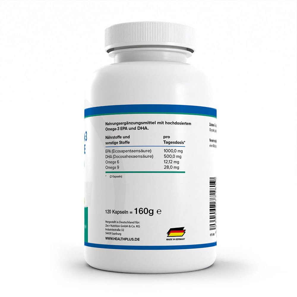Rückseite HEALTH+ Super Omega-3 Triglyceride: Nährwertangaben pro Tagesdosis (2 Kapseln).