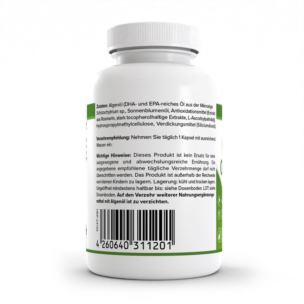 Rückseite einer Dose mit Inhaltsstoffen und Verzehrempfehlung: "Zutaten: Algenöl", Barcode.