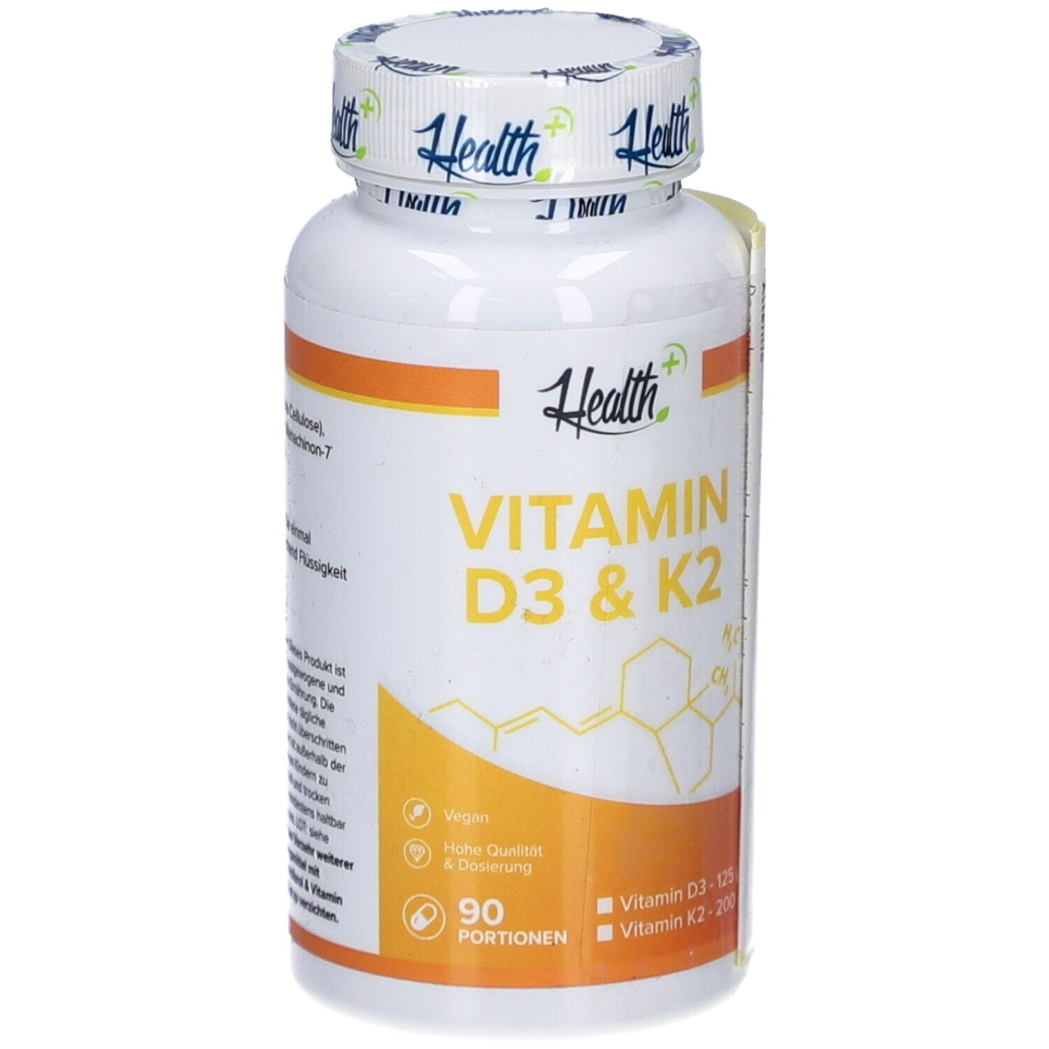 Weiße Flasche HEALTH+ VITAMIN D3 & K2. 90 Portionen. Vegan. Hohe Qualität & Dosierung. Vitamin D3 125, Vitamin K2 200.