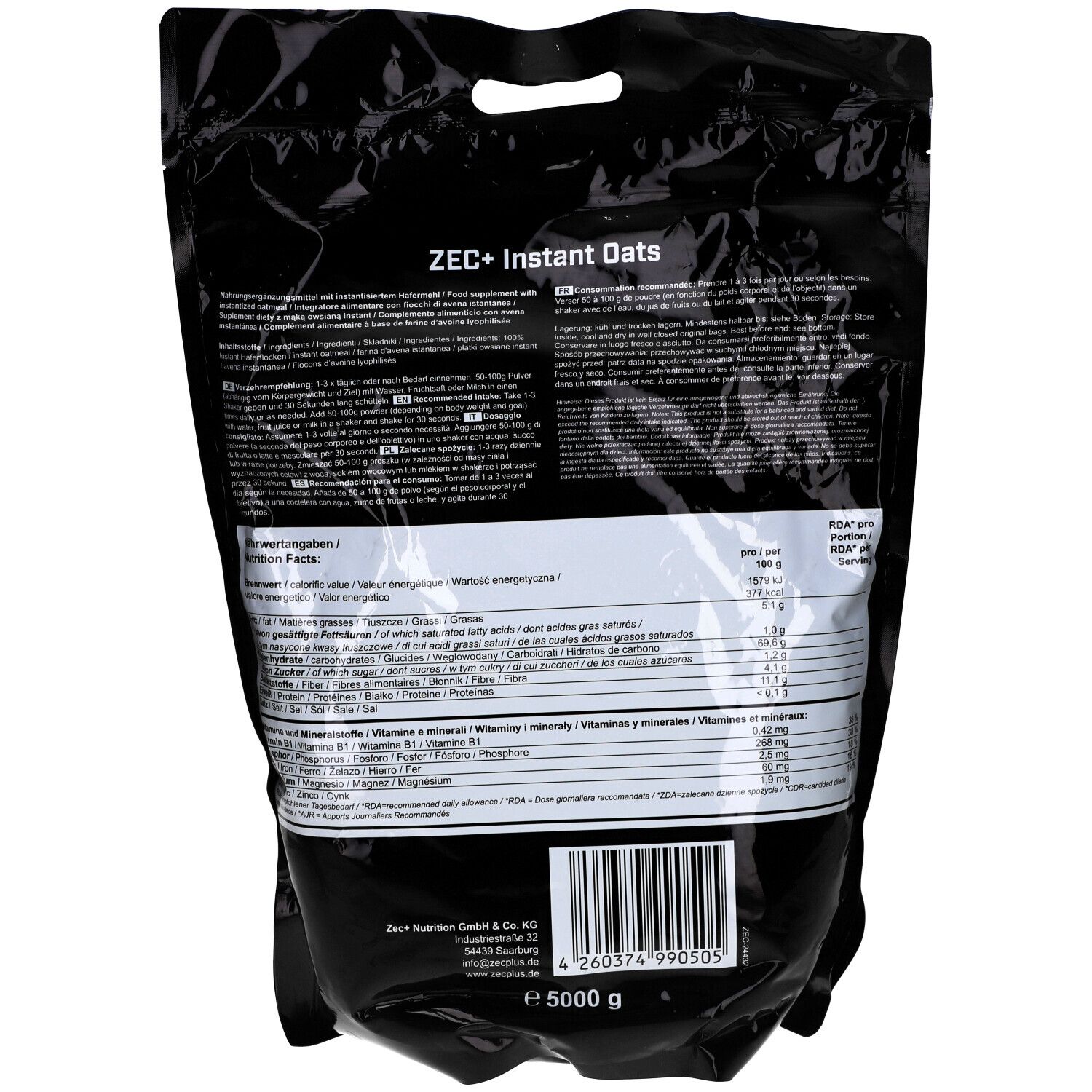 Rückseite der schwarzen Verpackung. Aufschrift: ZEC+ Instant Oats. Nährwertangaben und Zutatenliste. Barcode und 5000 g.
