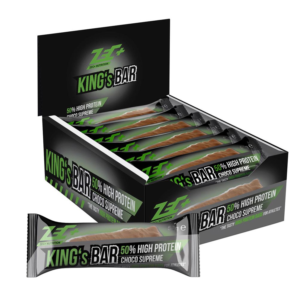 Schachtel mit King's Bar Choco Supreme Proteinriegeln. Einzelner Riegel vor der Schachtel. Schwarze Verpackung mit grüner Schrift.