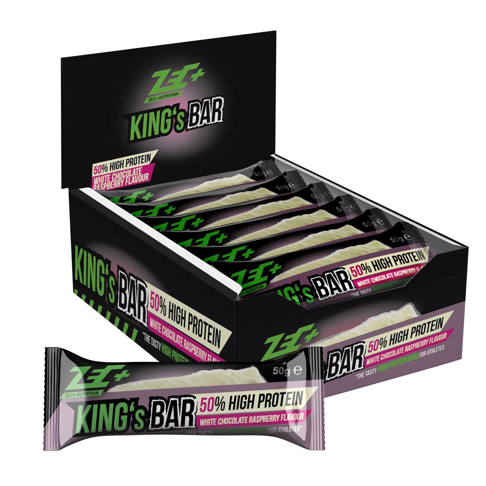 Schachtel mit Proteinriegeln. Aufschrift: KING'S BAR, 50% High Protein, White Chocolate Raspberry Flavour. Einzelner Riegel davor.