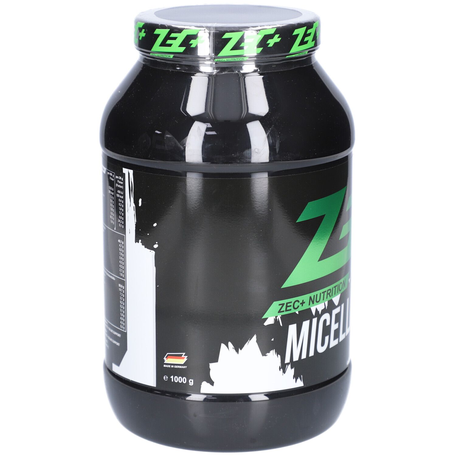 Schwarzer Behälter mit grünem Deckel. Aufschrift: ZEC+ Nutrition Micellar Casein. Mit Deutschland-Flagge.