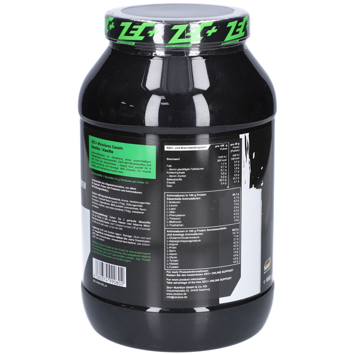 Schwarzer Behälter mit grünem Deckel. Rückseite mit Nährwertangaben und Text. Aufschrift: ZEC+ Micellar Casein.