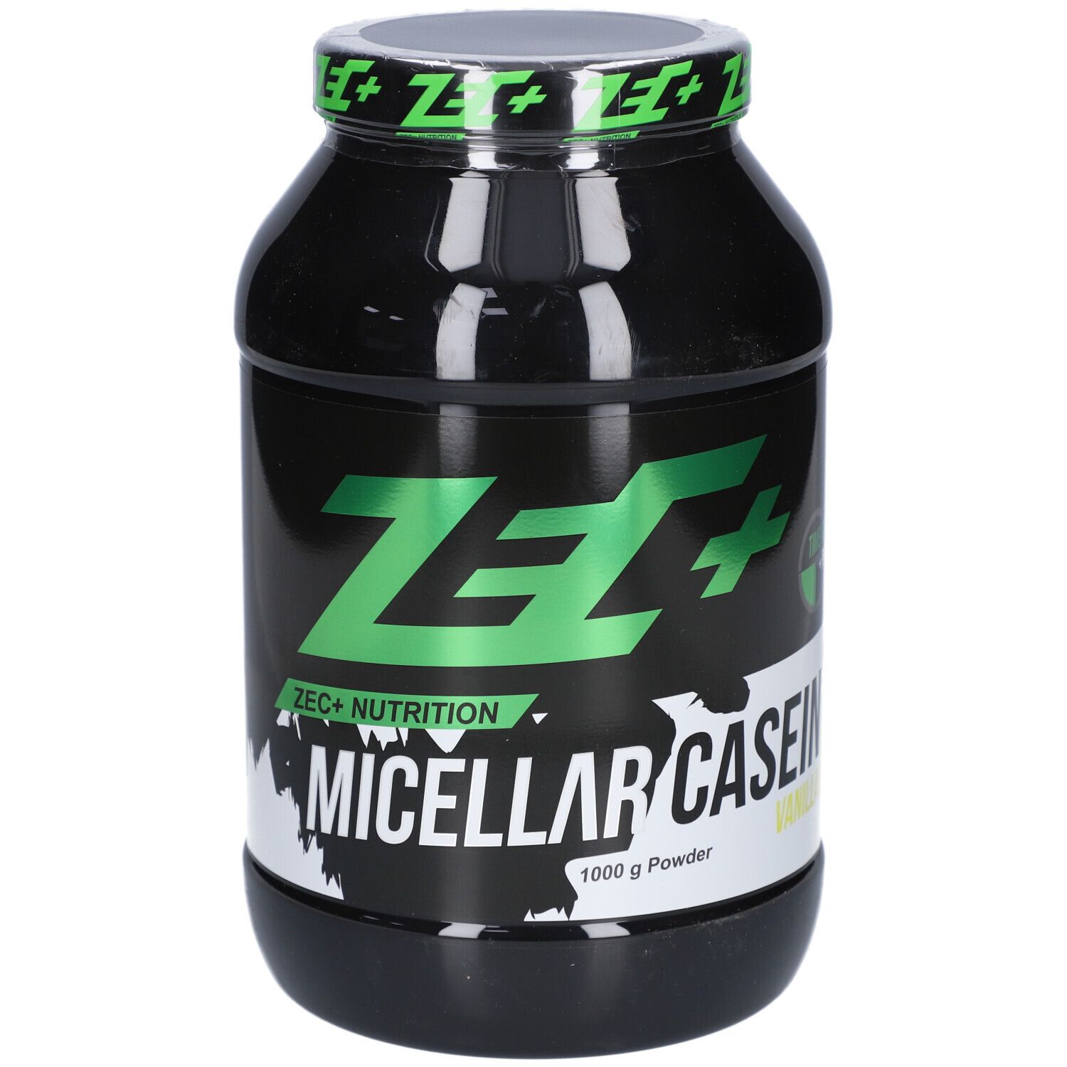 Schwarzer Behälter mit grünem Deckel. Aufschrift: ZEC+ Nutrition Micellar Casein, 1000 g Powder.