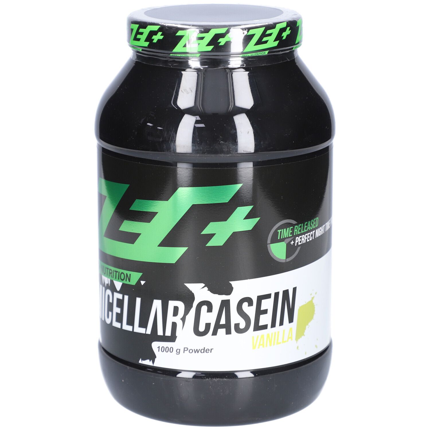 Schwarzer Behälter mit grünem Deckel. Aufschrift: ZEC+ Nutrition Micellar Casein, 1000 g Powder, Vanilla.