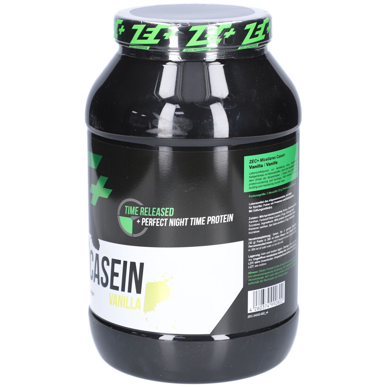 Schwarzer Behälter mit grünem Deckel. Aufschrift: ZEC+ Micellar Casein Vanilla. Text und Nährwertangaben.