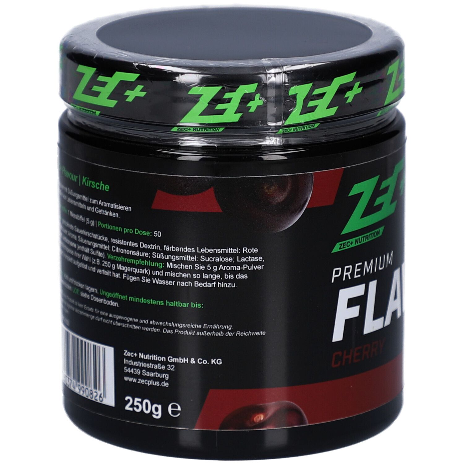 ZEC+ Aromapulver-Glas, Rückseite. Zutatenliste, 250g, Vegan-Siegel, Made in Germany.