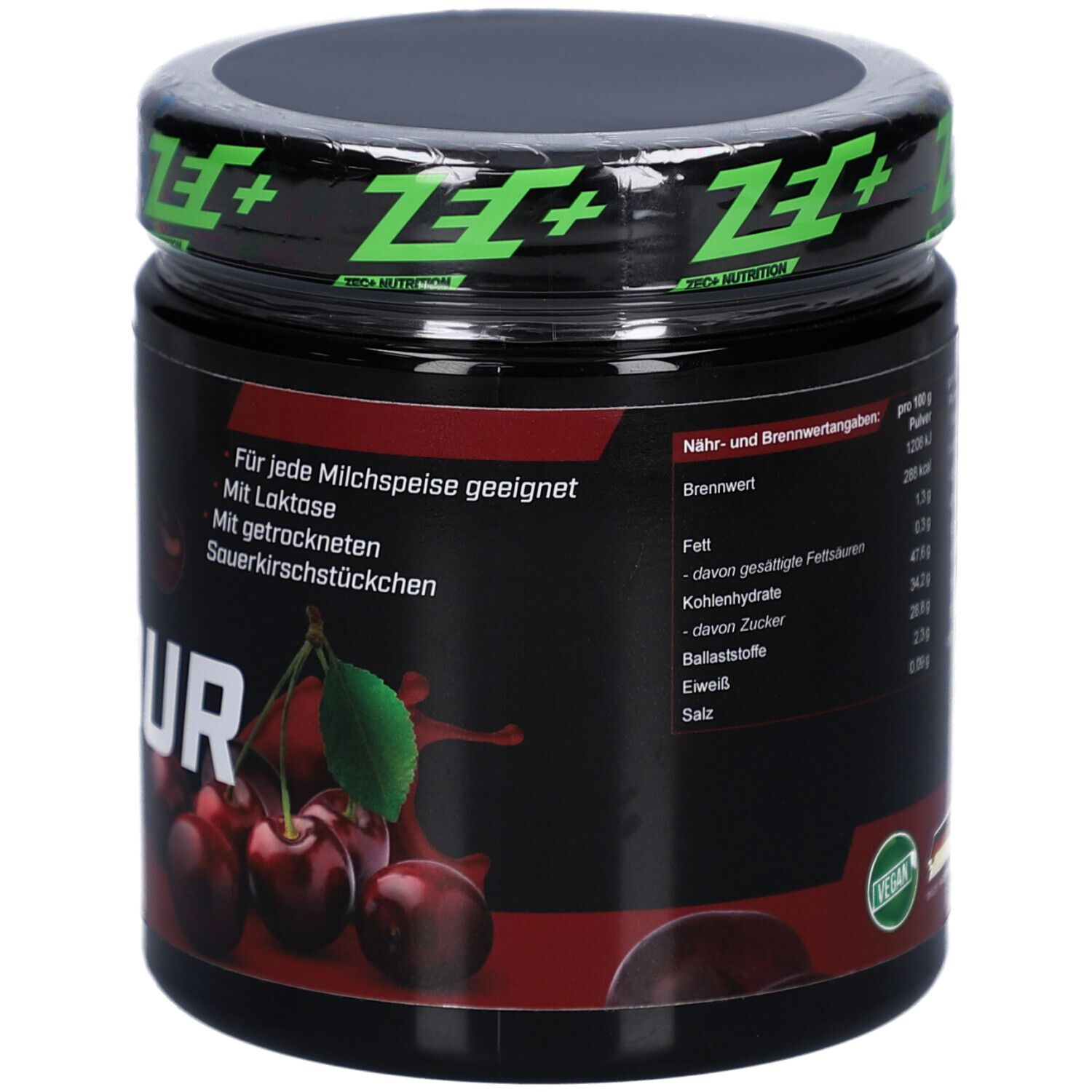 ZEC+ Aromapulver-Glas, Rückseite. Nährwertangaben, Text: Für jede Milchspeise geeignet.