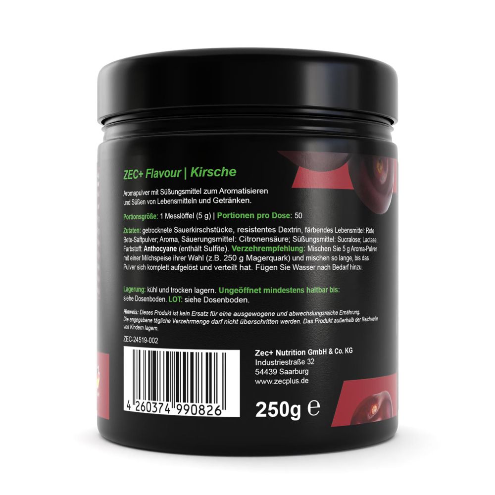 Rückseite des ZEC+ Aromapulver-Glases. Zutatenliste, Lagerhinweis, 250g, Barcode.