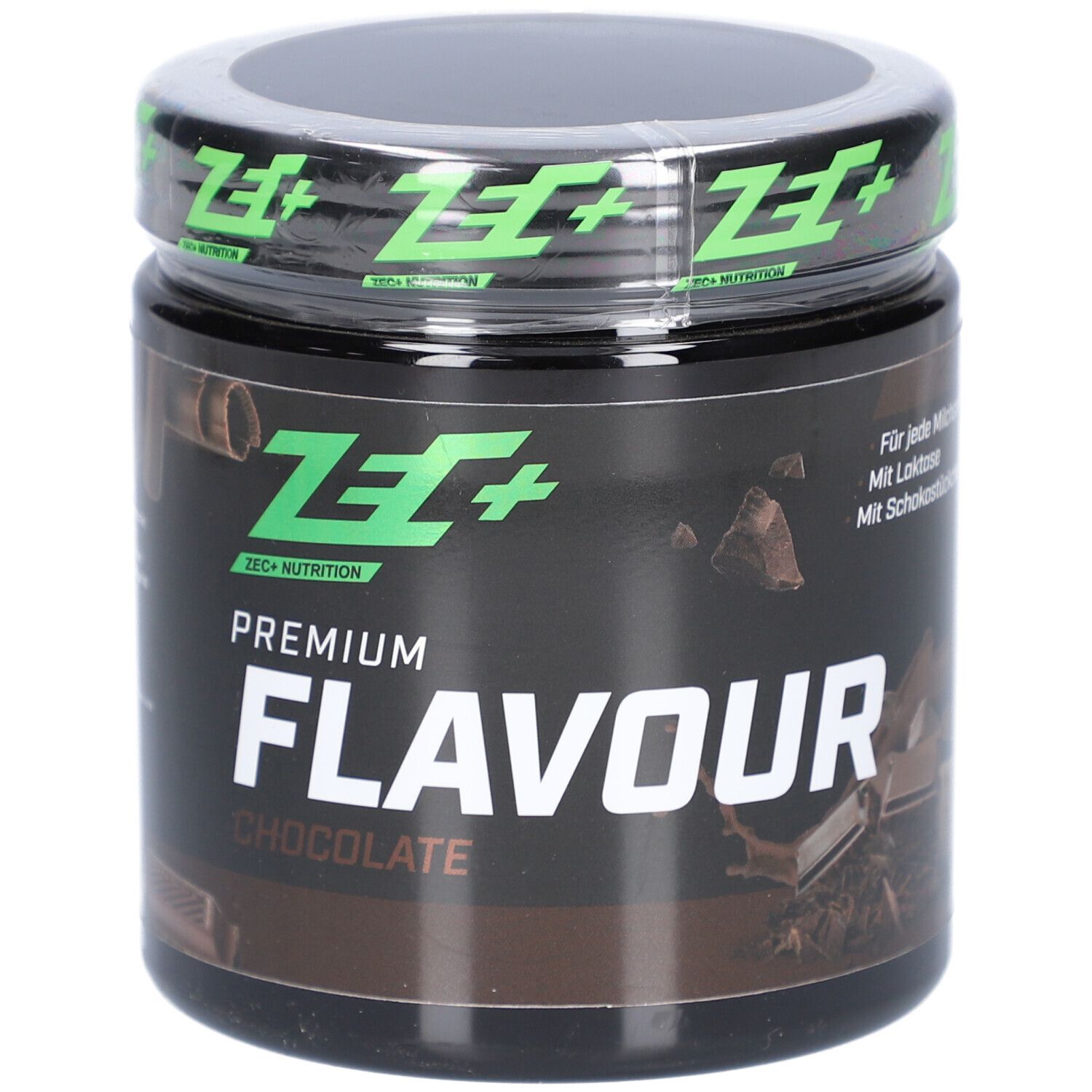 Schwarzes Behältnis mit grünem Deckel. Premium Flavour Chocolate. ZEC+ Logo. 250g.