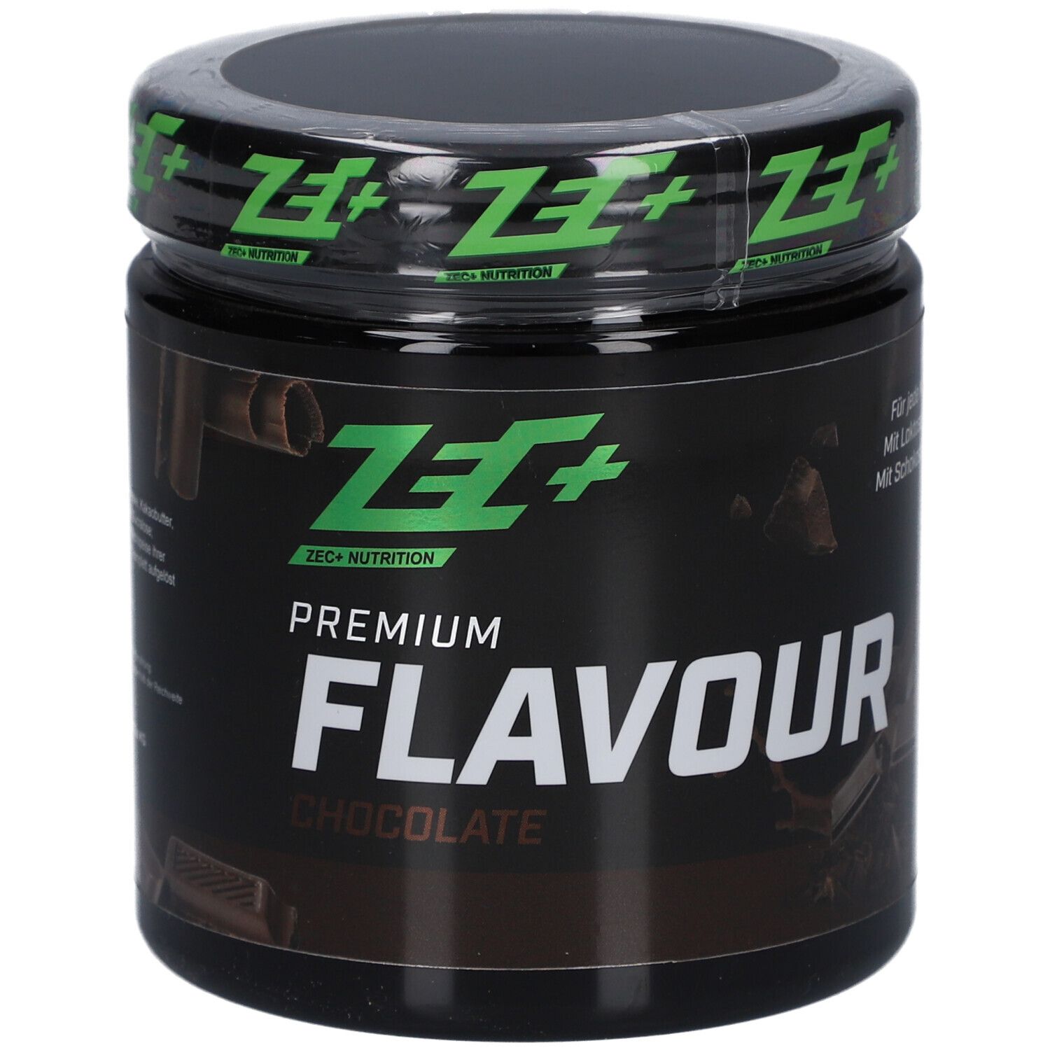 Schwarzes Behältnis mit grünem Deckel. Premium Flavour Chocolate. ZEC+ Logo. 250g.