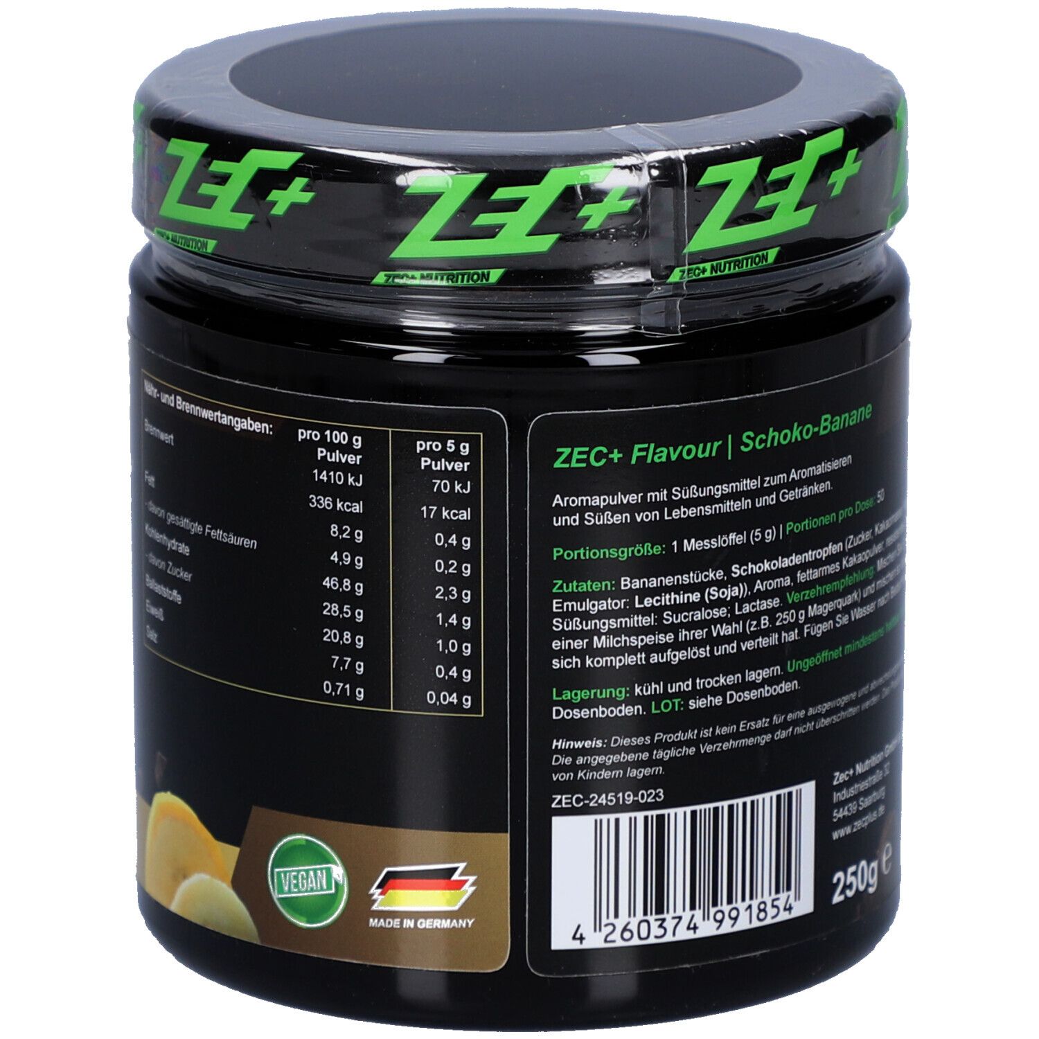 Schwarzes Produktglas mit grünem Deckel. Enthält Nährwertangaben, Vegan-Siegel und Made in Germany. Marke ZEC+ Nutrition.