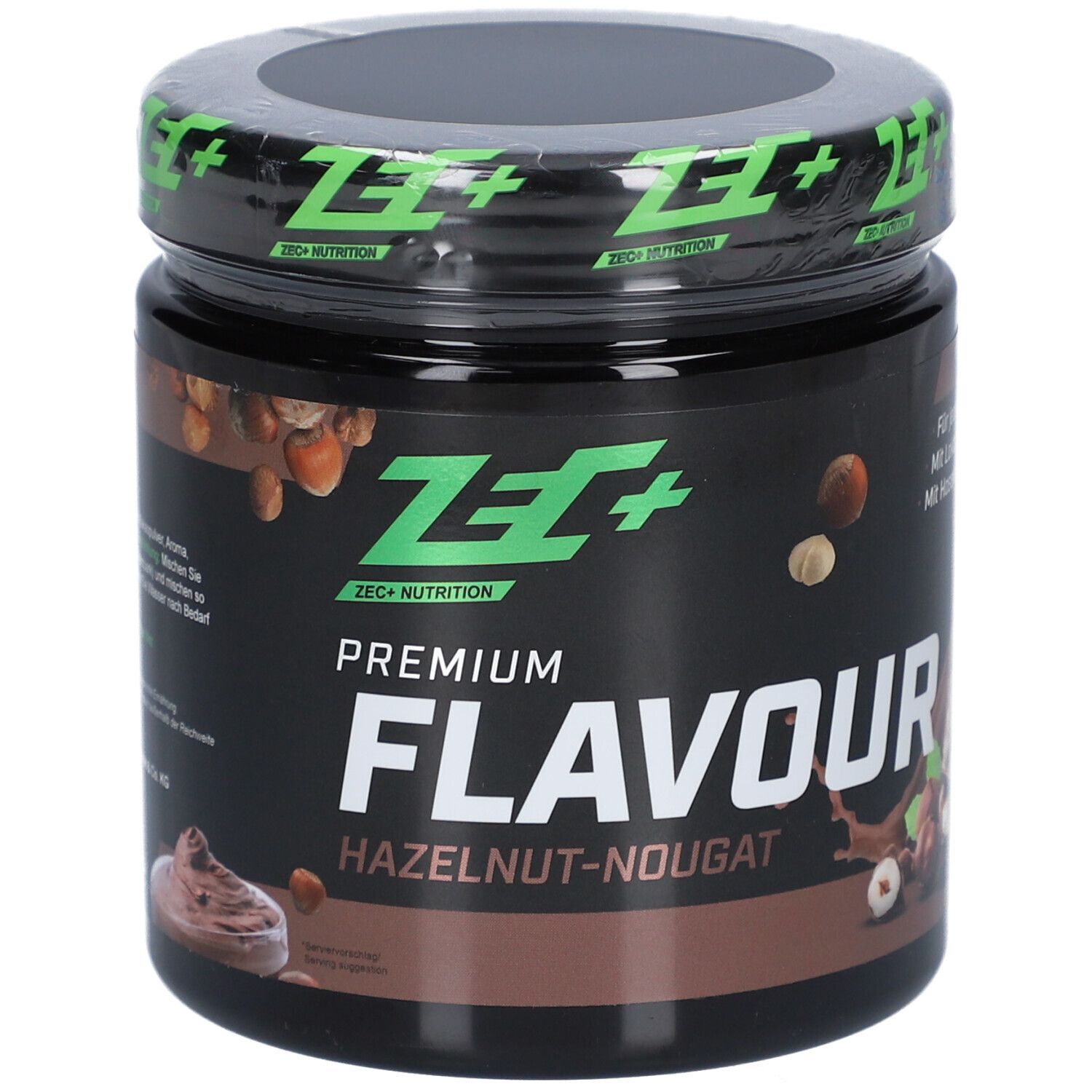 Produktglas mit grünem Deckel. Aufschrift: ZEC+ NUTRITION. PREMIUM FLAVOUR HAZELNUT-NOUGAT. 250g e.