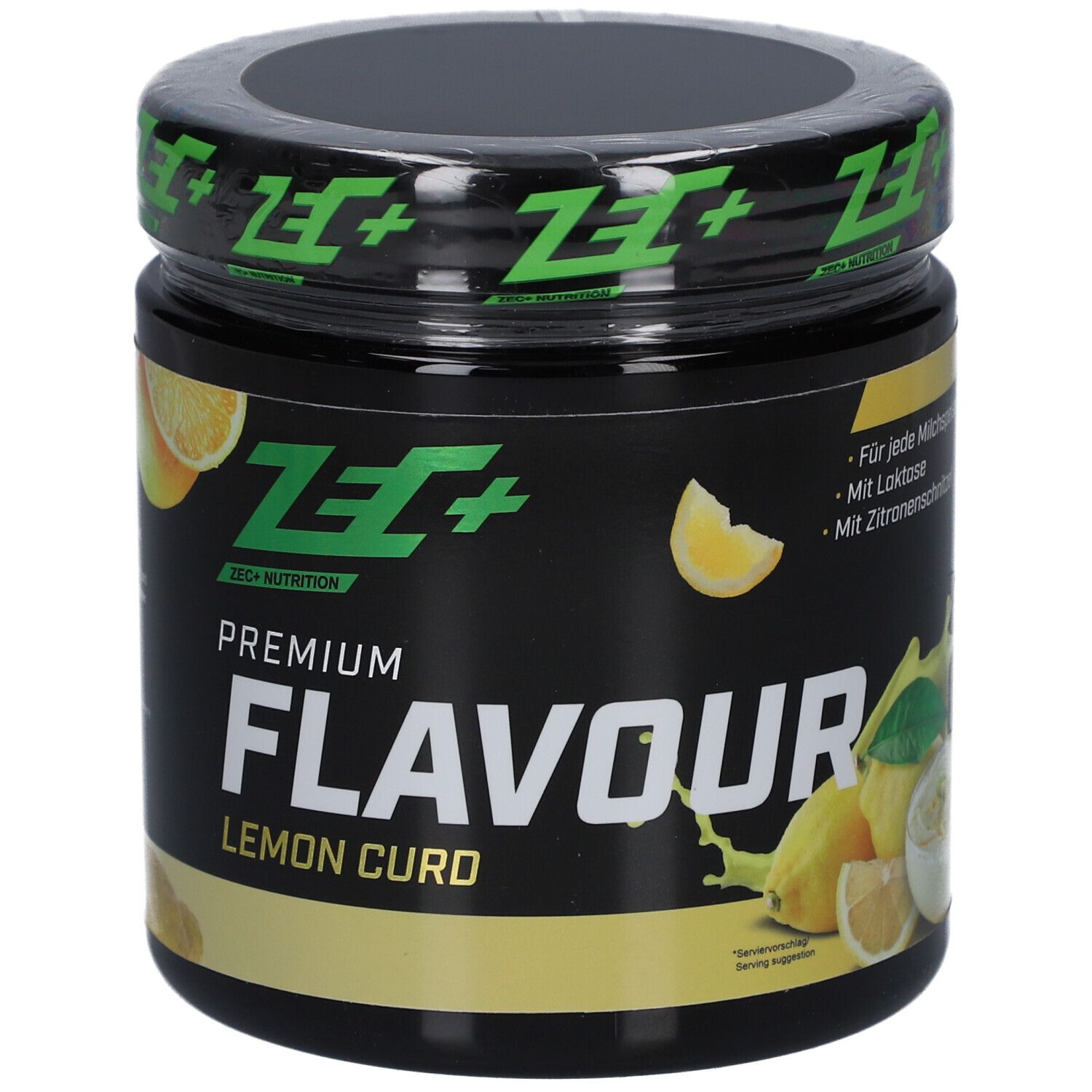Schwarze Dose mit gelben Zitronen-Illustrationen. Aufschrift: PREMIUM FLAVOUR LEMON CURD. Marke: ZEC+ Nutrition.