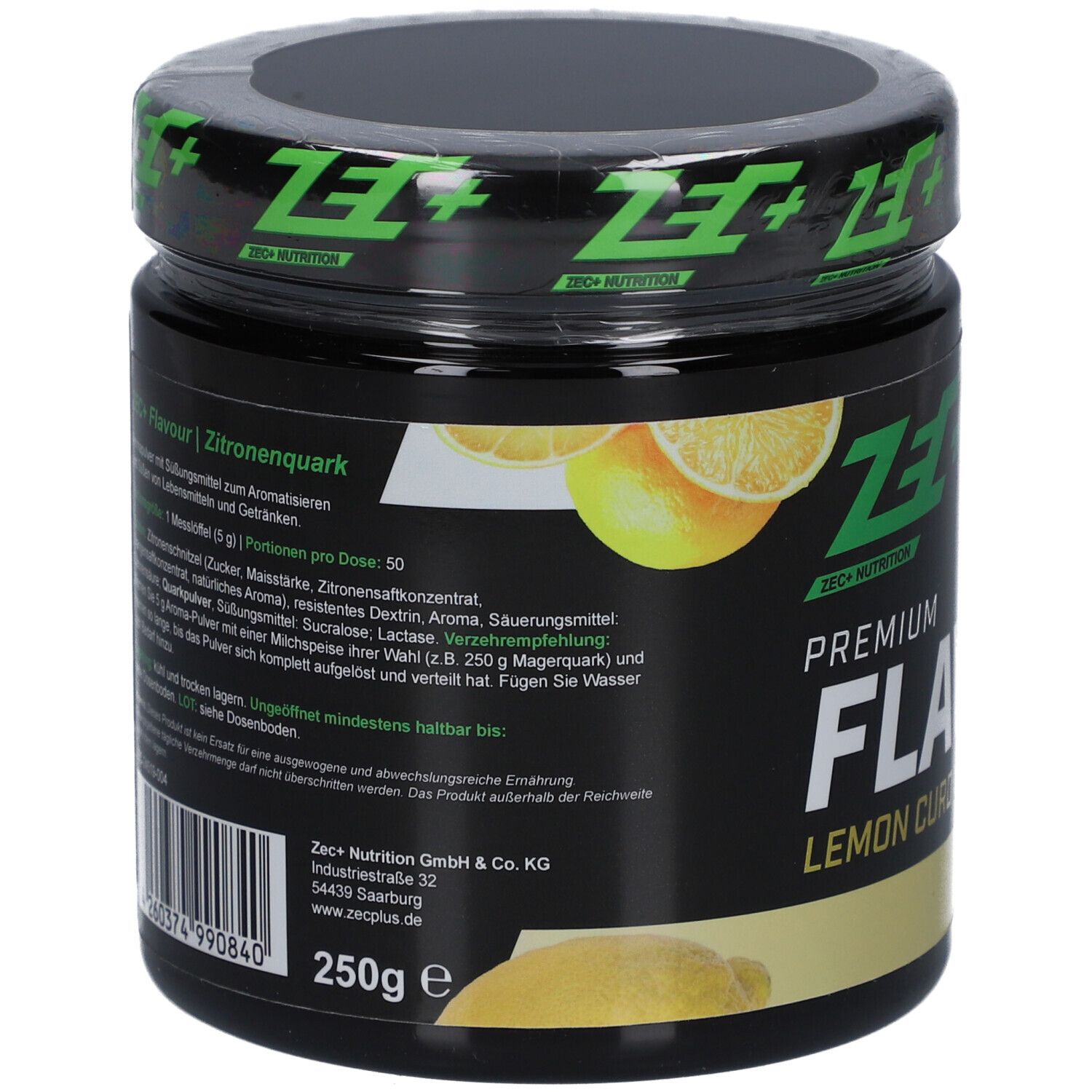 Schwarze Dose mit Produktinformationen. Enthält Zutaten, Anwendungshinweise und Kontaktinformationen. Marke: ZEC+ Nutrition.