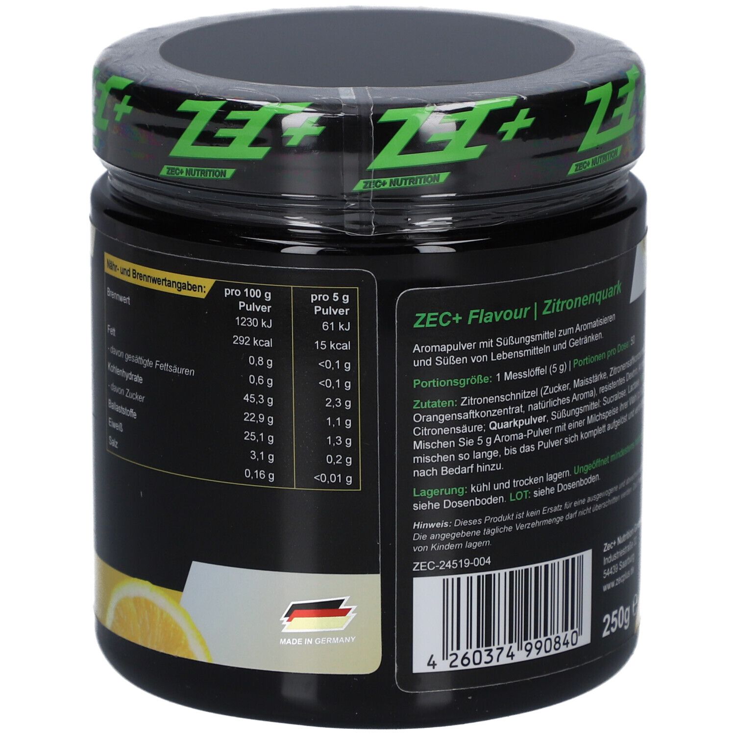 Rückseite der schwarzen Dose. Enthält Nährwertangaben und das Logo „Made in Germany“. Marke: ZEC+ Nutrition.