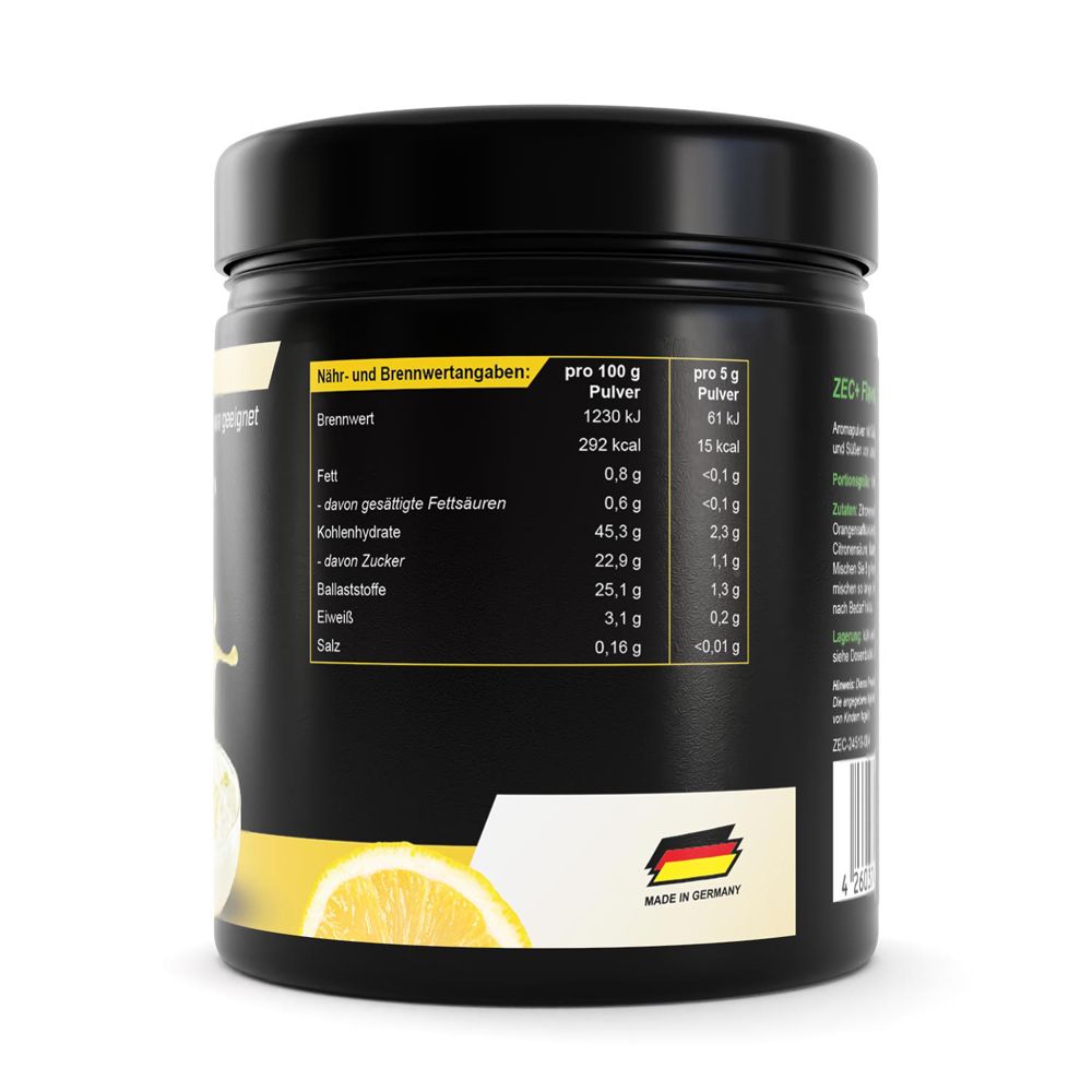 Rückseite der schwarzen Dose. Enthält Nährwertangaben und das Logo „Made in Germany“. Marke: ZEC+ Nutrition.