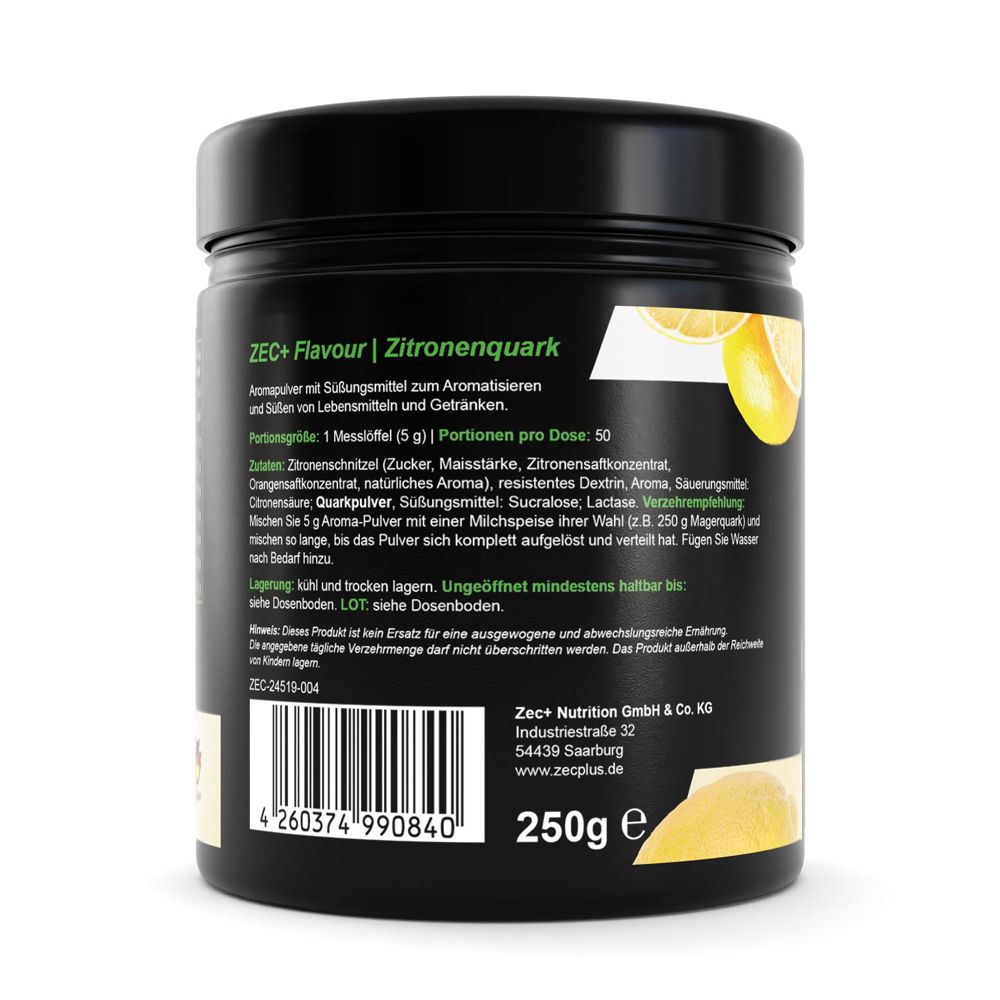 Schwarze Dose mit Produktinformationen. Enthält Zutaten, Anwendungshinweise und Kontaktinformationen. Marke: ZEC+ Nutrition.