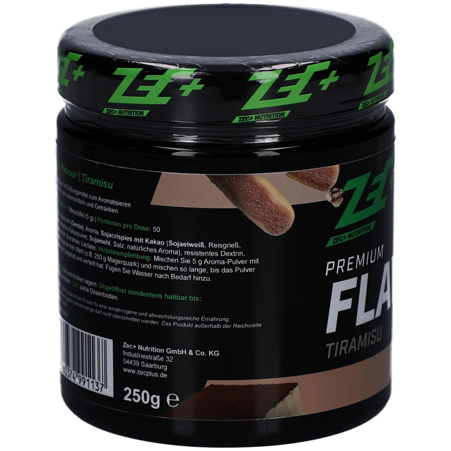 Schwarze Dose mit grünem Logo und Aufschrift PREMIUM FLAVOUR Tiramisu. Ansicht von oben.