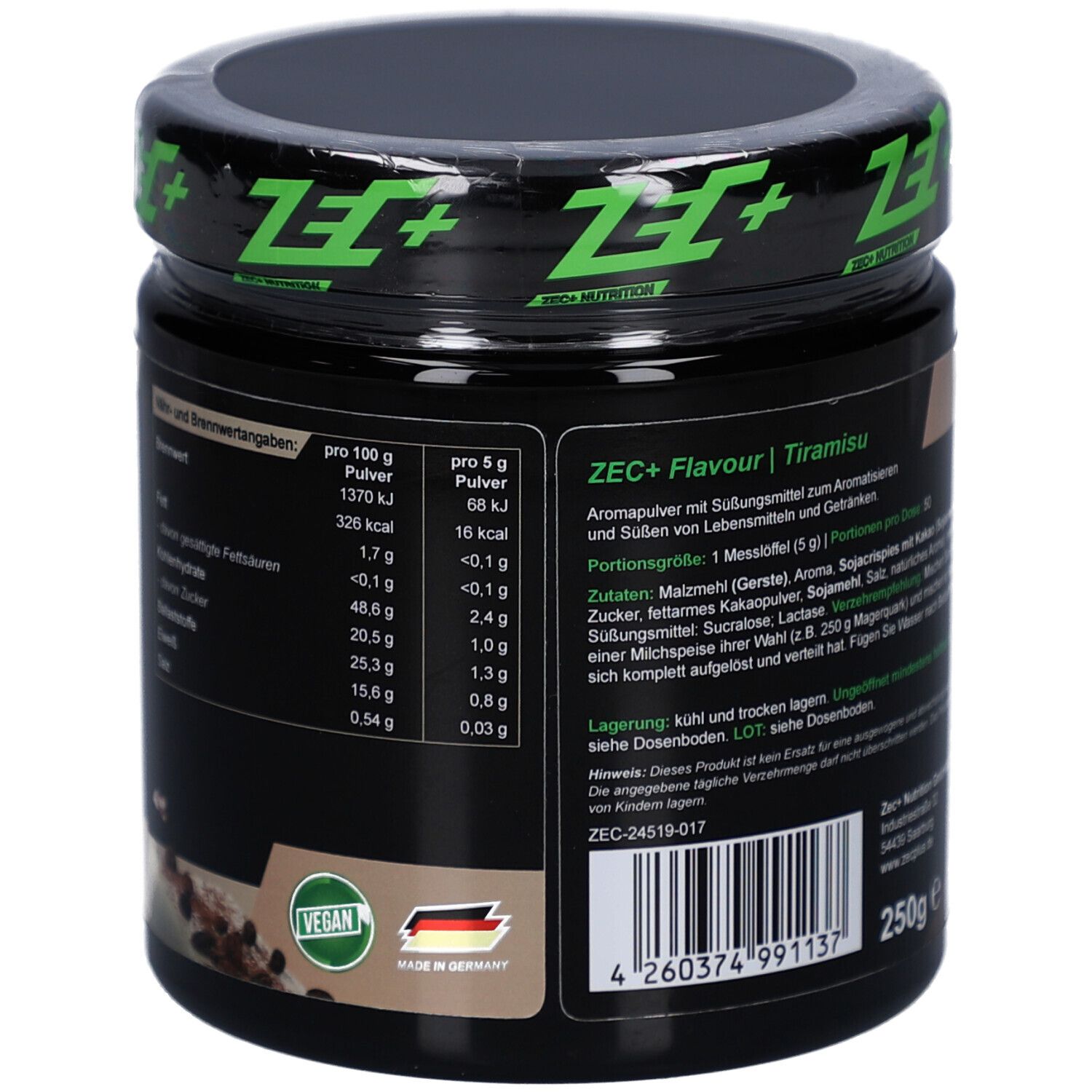 Rückseite der schwarzen Dose. Nährwertangaben und Zutatenliste. Vegan-Siegel und Made in Germany.