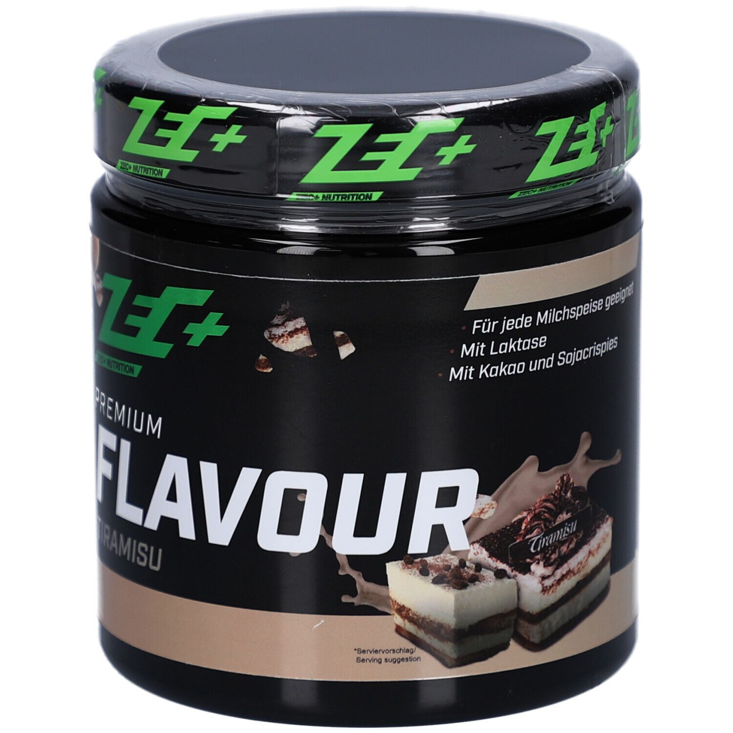 Schwarze Dose mit grünem Logo und Aufschrift PREMIUM FLAVOUR Tiramisu. Ansicht von oben.