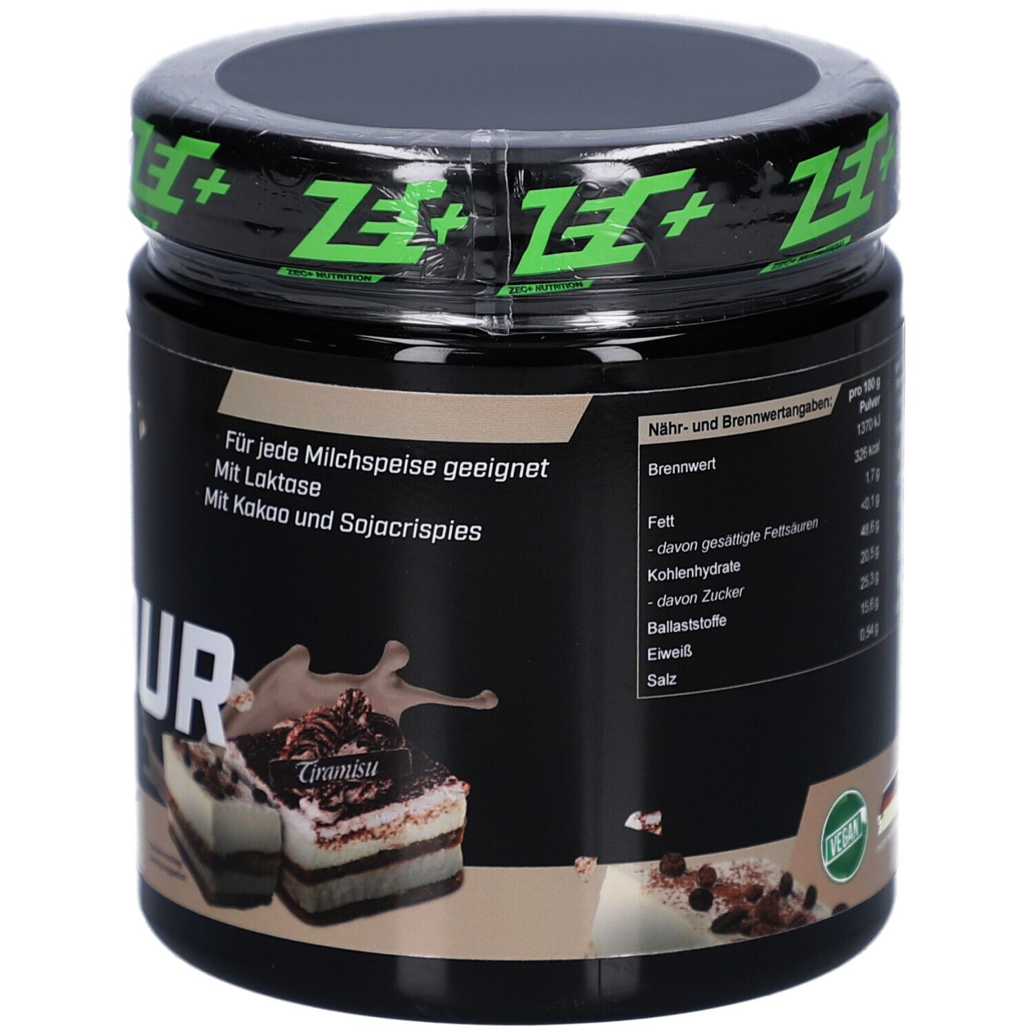 Rückseite der schwarzen Dose. Nährwertangaben und Zutatenliste. Vegan-Siegel und Made in Germany.