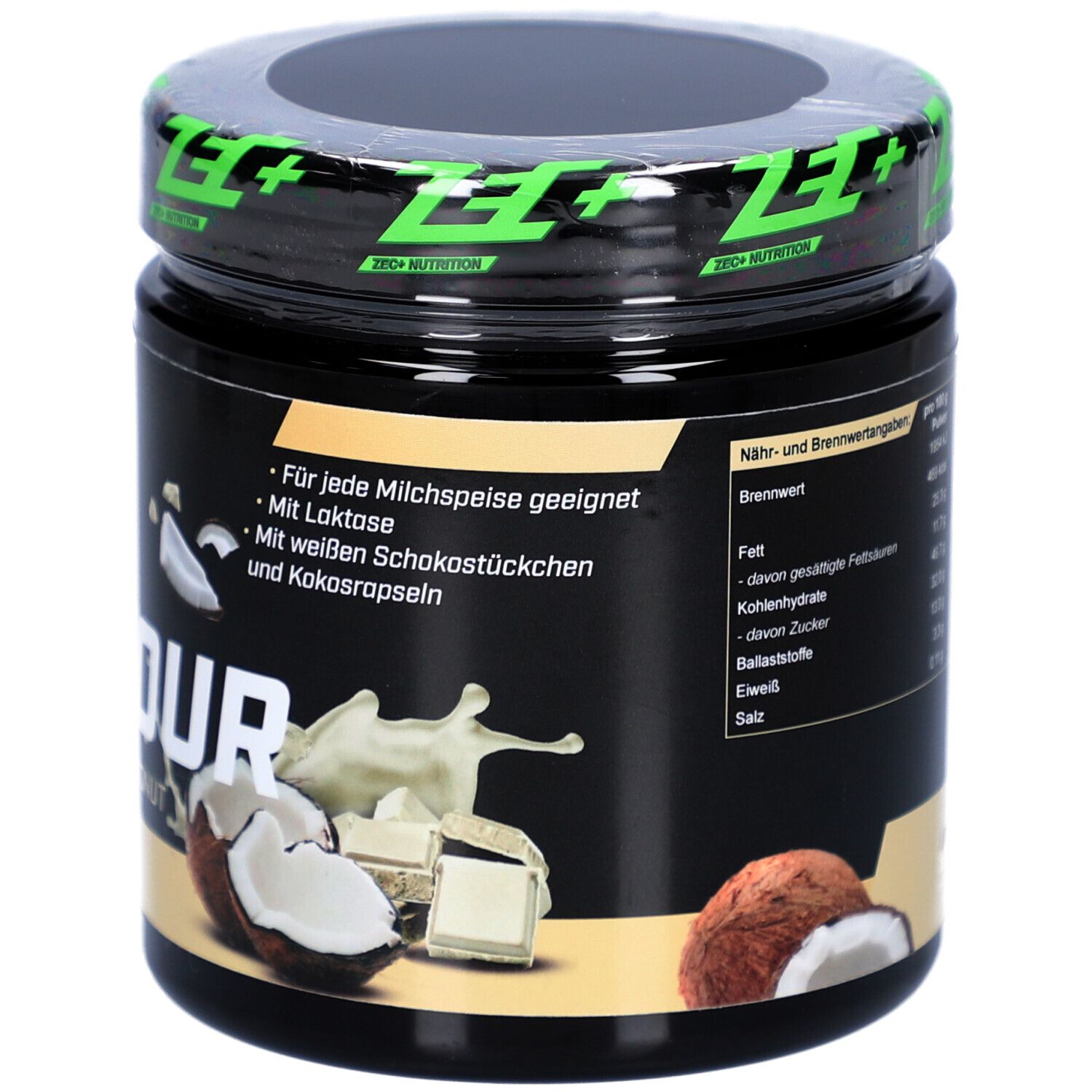 Produktglas mit Deckel. Nährwertangaben und Text. 250g. ZEC+ Logo.