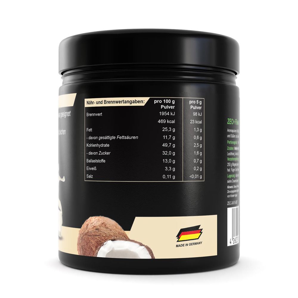 Rückseite des schwarzen Produktglases. Nährwertangaben und "Made in Germany" Aufdruck.