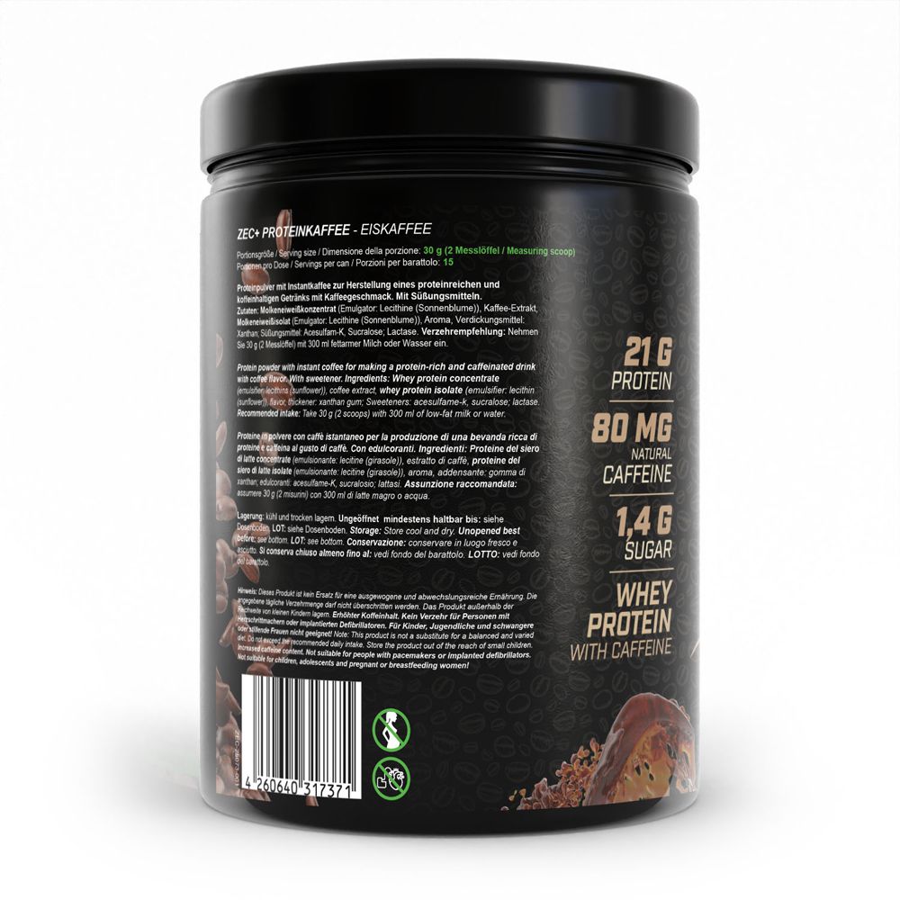 Seite eines Zec+ Protein Kaffee Behälters mit Produktinformationen und Nährwertangaben.