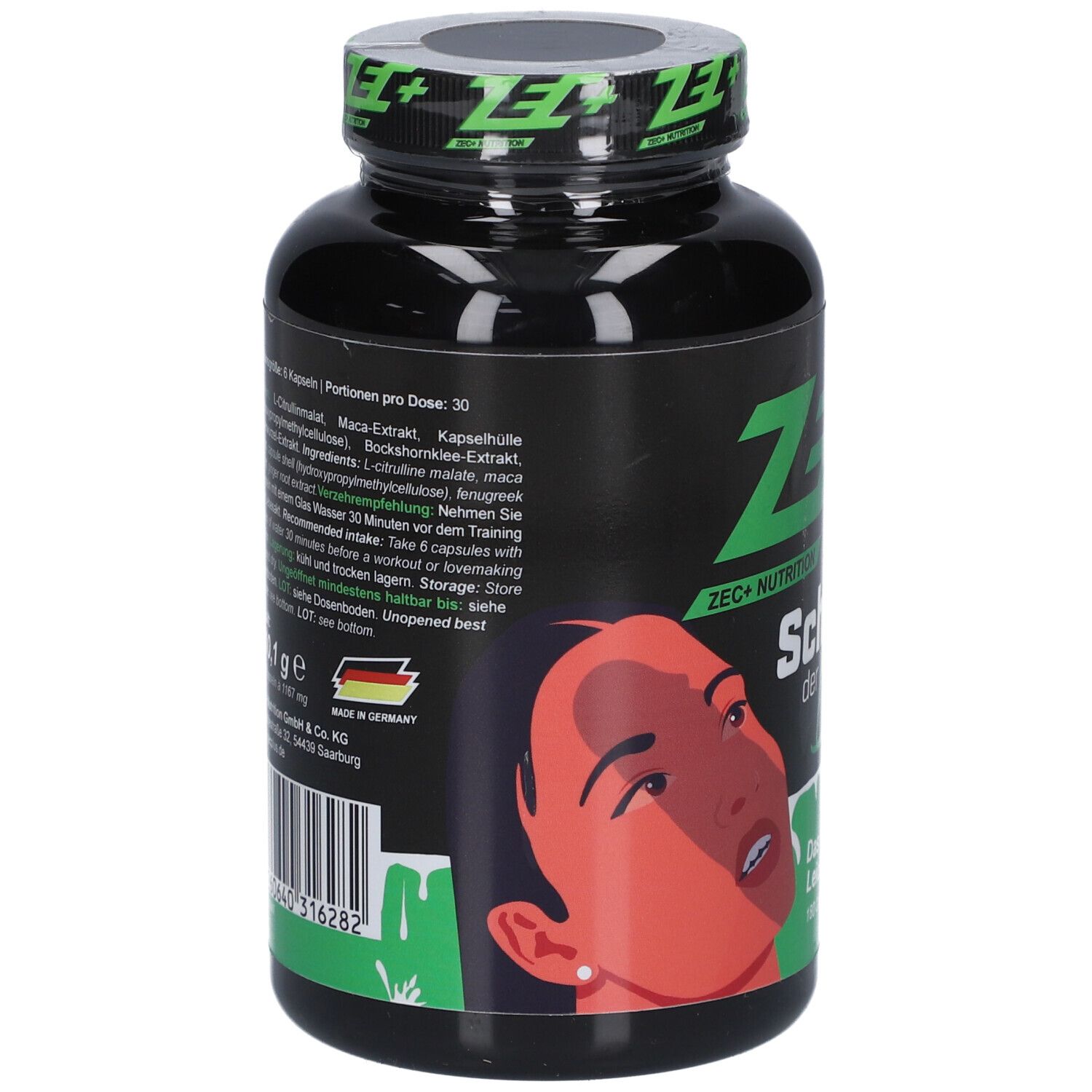 Rückseite der schwarzen Flasche. Enthält Informationen zu Inhaltsstoffen, Dosierung und Hersteller. Mit Abbildung einer Frau.