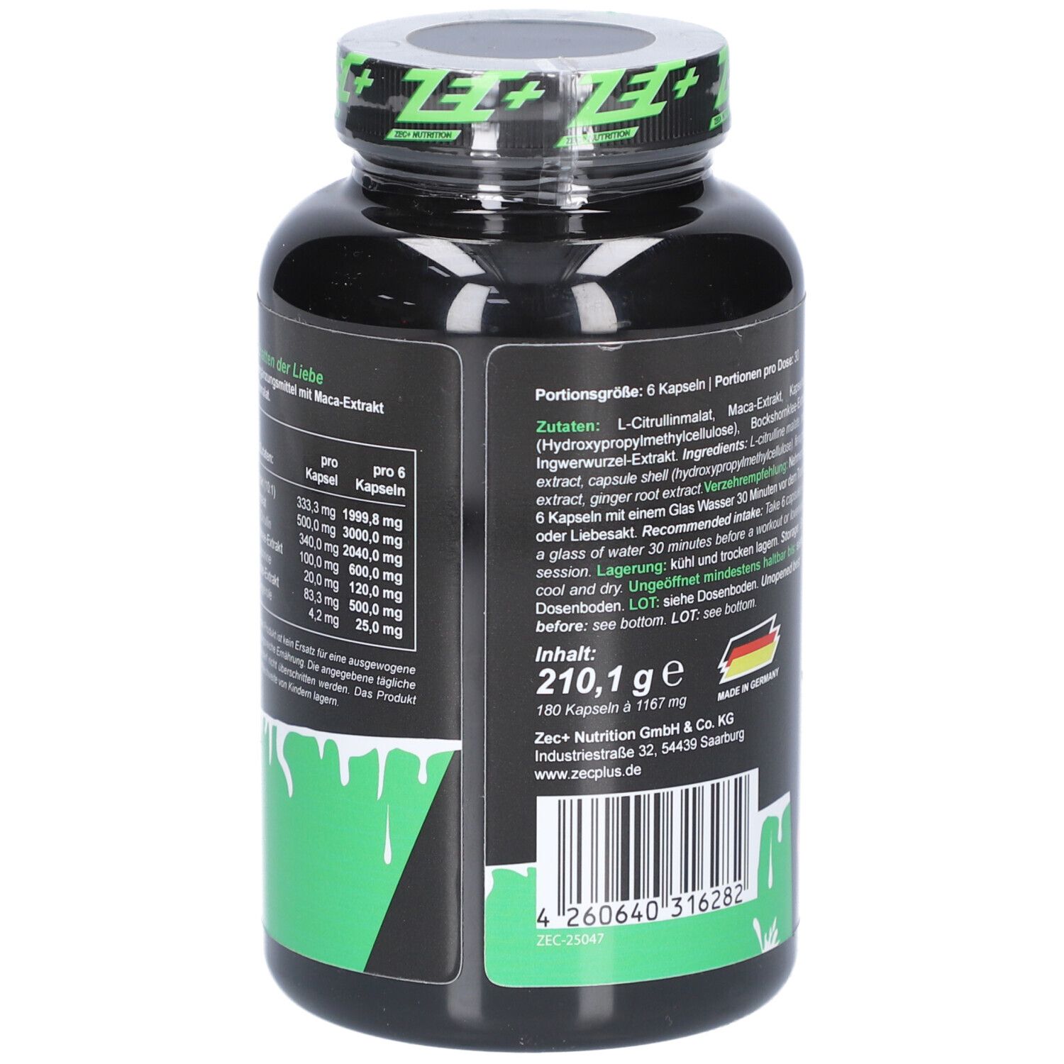 Rückseite der schwarzen Flasche. Enthält Informationen zu Inhaltsstoffen und Nährwerten. Mit Abbildung einer Frau.