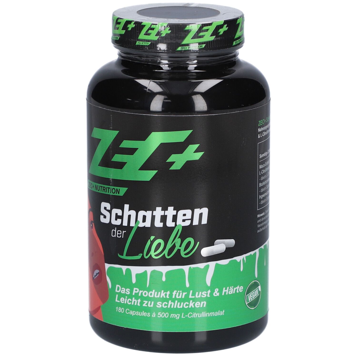 Schwarze Flasche mit grüner Aufschrift ZEC+ und Produktname. Enthält 180 Kapseln. Vegan-Siegel.