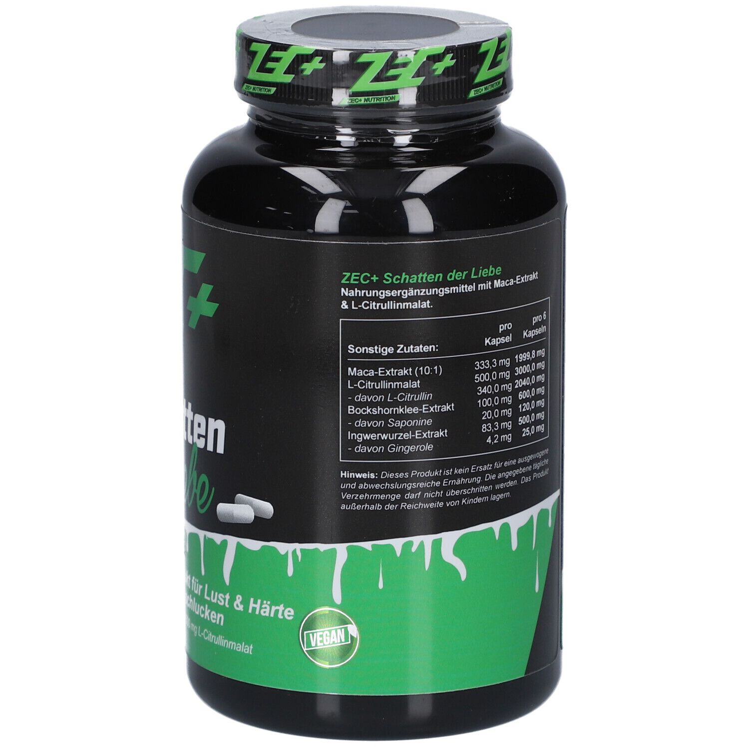 Rückseite der schwarzen Flasche. Enthält Informationen zu Inhaltsstoffen und Nährwerten. Vegan-Siegel.